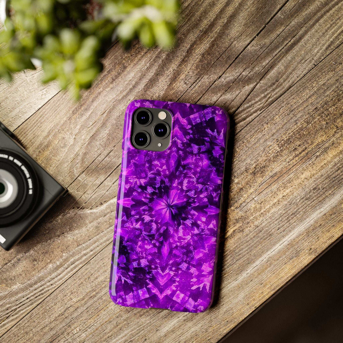 Purple kaleidoscope phone case with glossy finish and camera cutouts