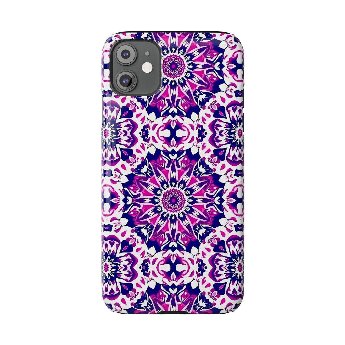 Phone case with bold purple and pink mandala floral design; black camera module