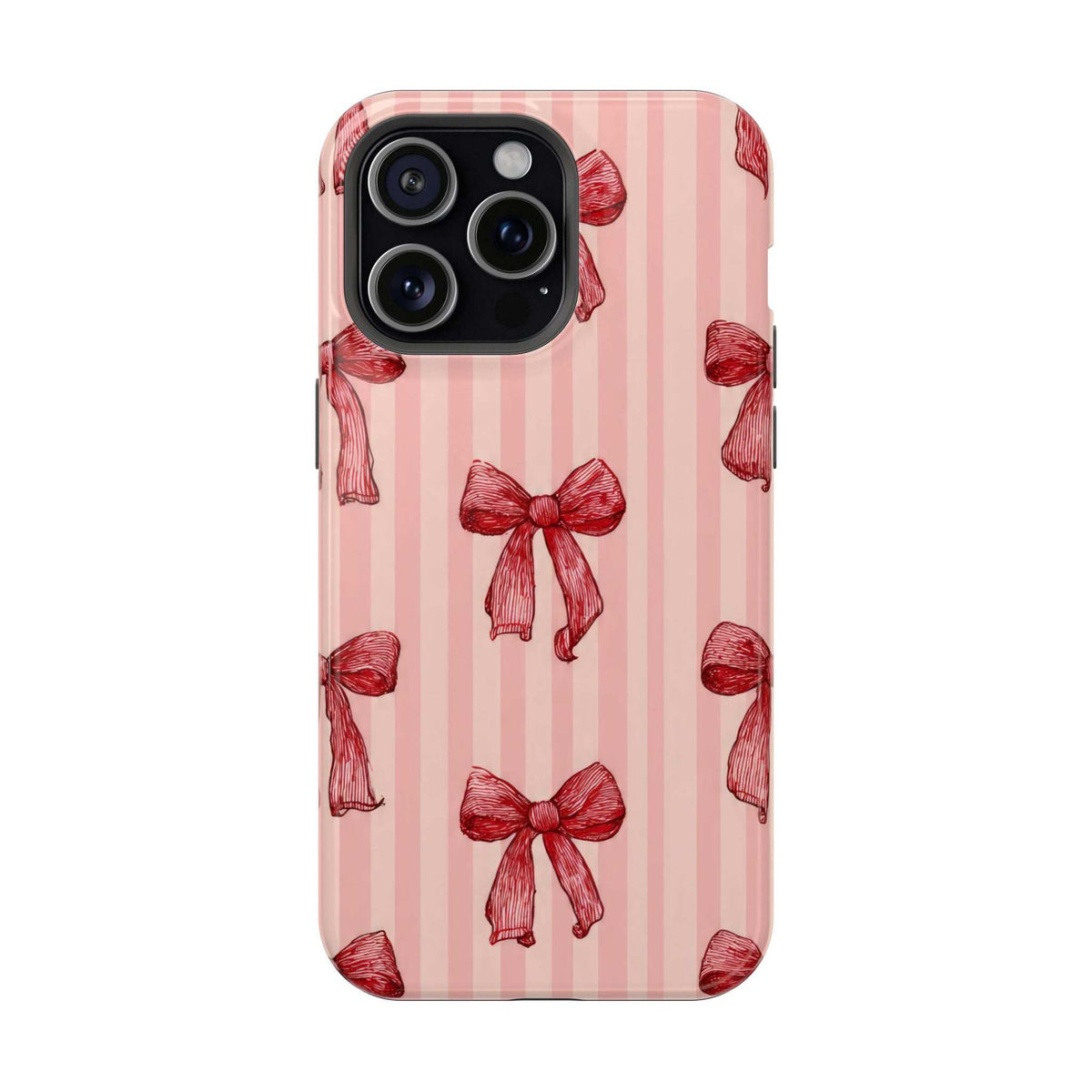 Pink phone case with red vertical stripes and red bows, raised camera module