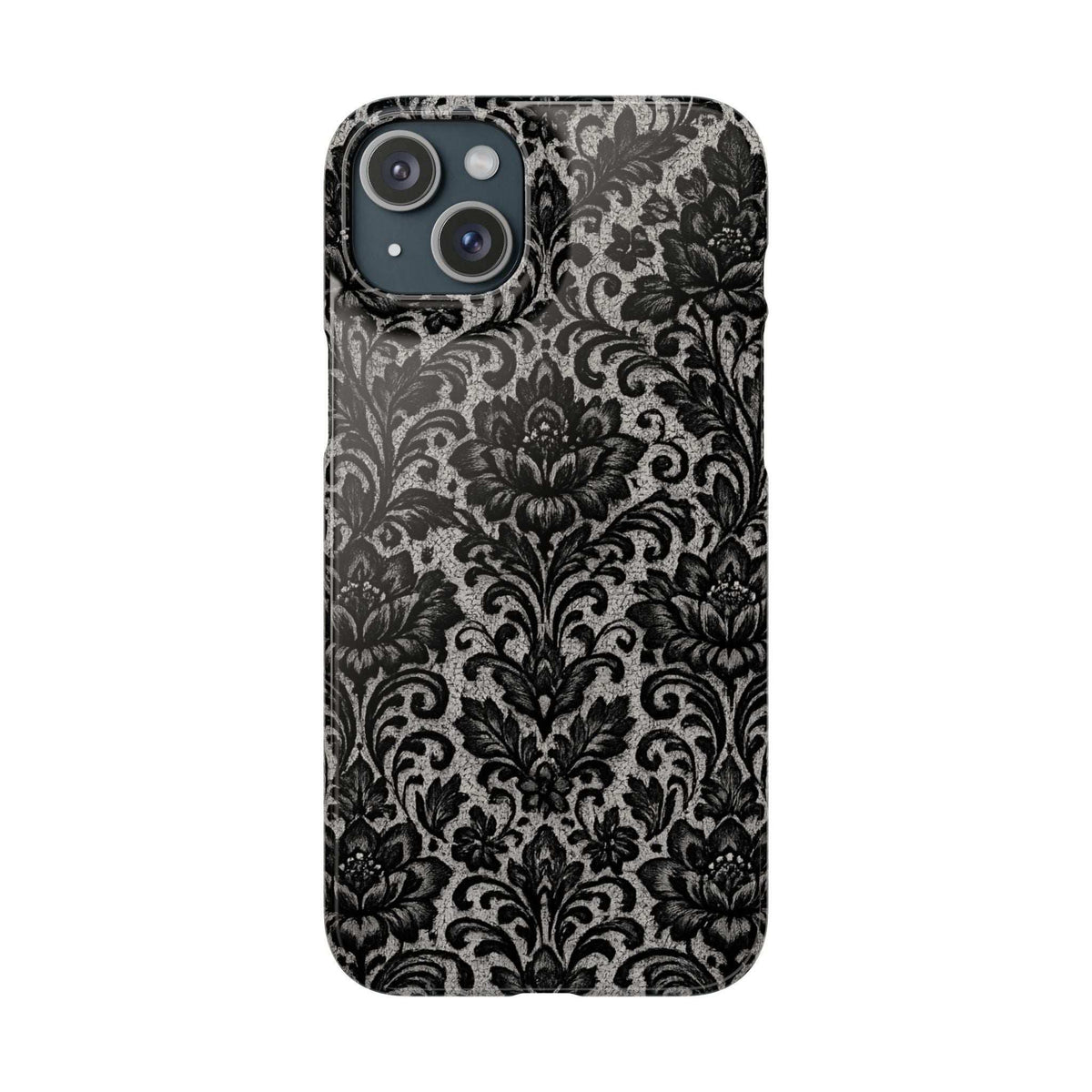 Black damask floral phone case with camera cutouts and side button openings