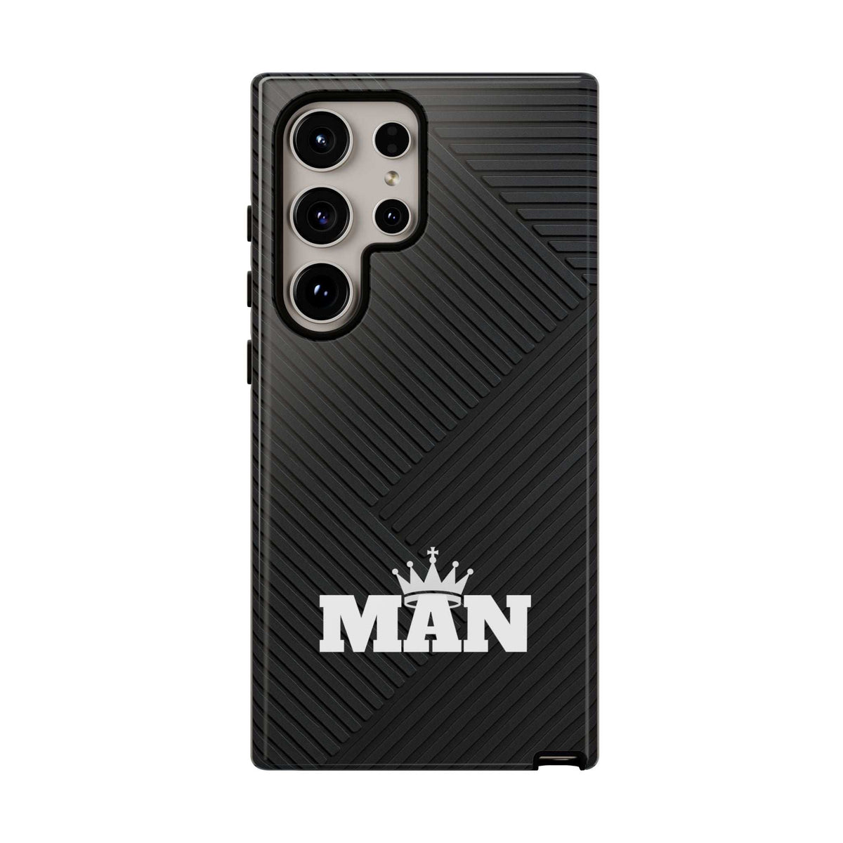 Black phone case with MAN logo, diagonal ridged design, camera cutouts on top