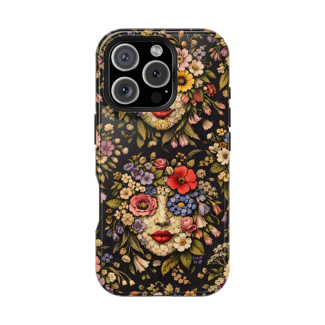 Floral face phone case with dark background and raised camera cutouts