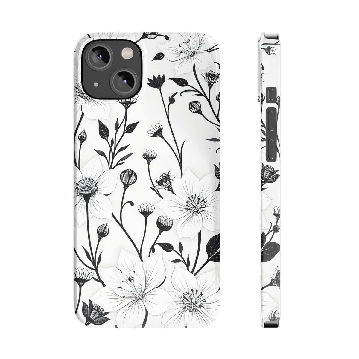 Monochrome floral phone case with white daisies and black leaves; back and side angles
