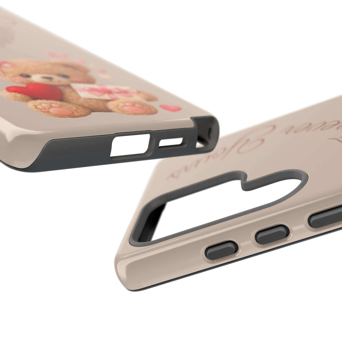 Beige phone case close-up of side button and port cutouts with teddy and heart print