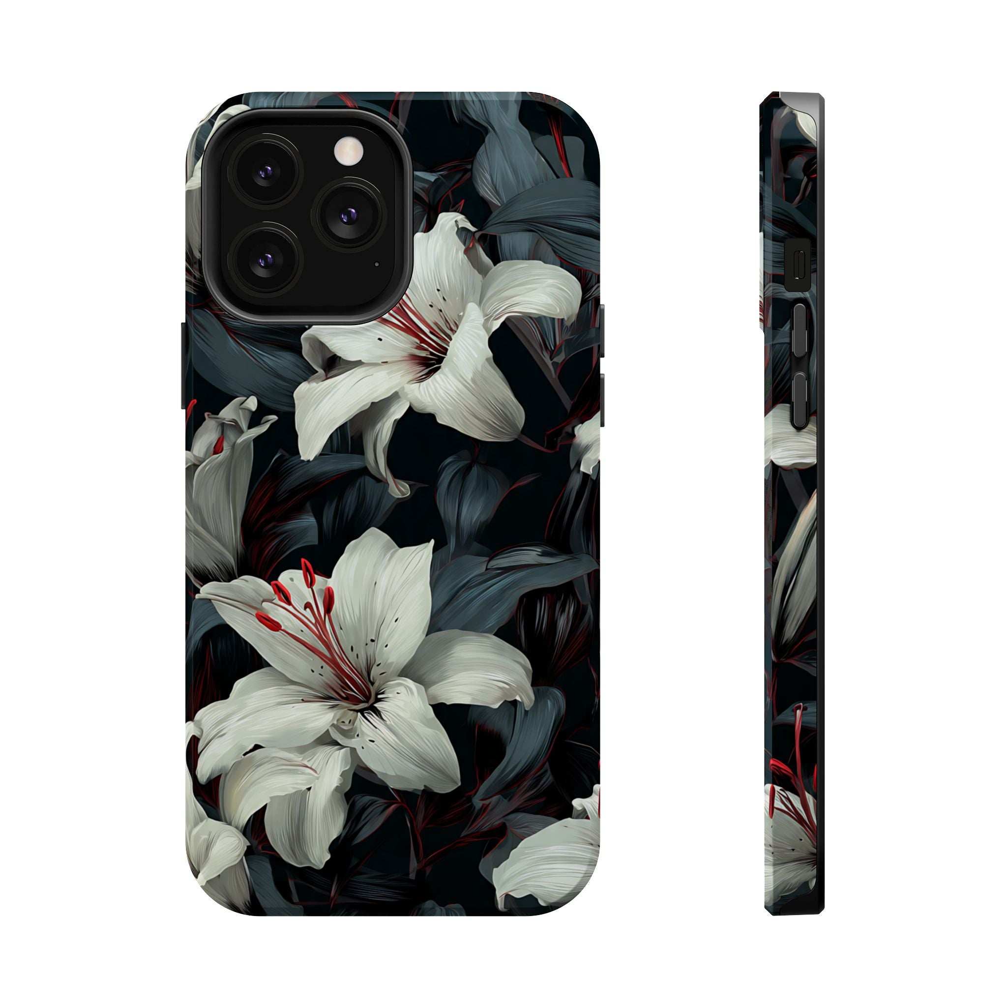 Phone case front view with white lilies and dark leaves, camera array and flash cutouts.