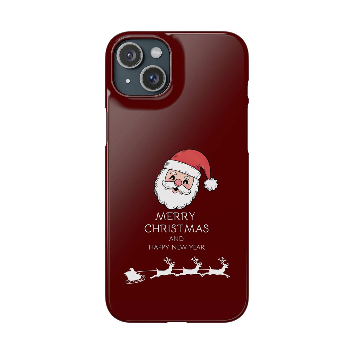 Glossy red phone case with Santa face, “MERRY CHRISTMAS AND HAPPY NEW YEAR,” and camera window.