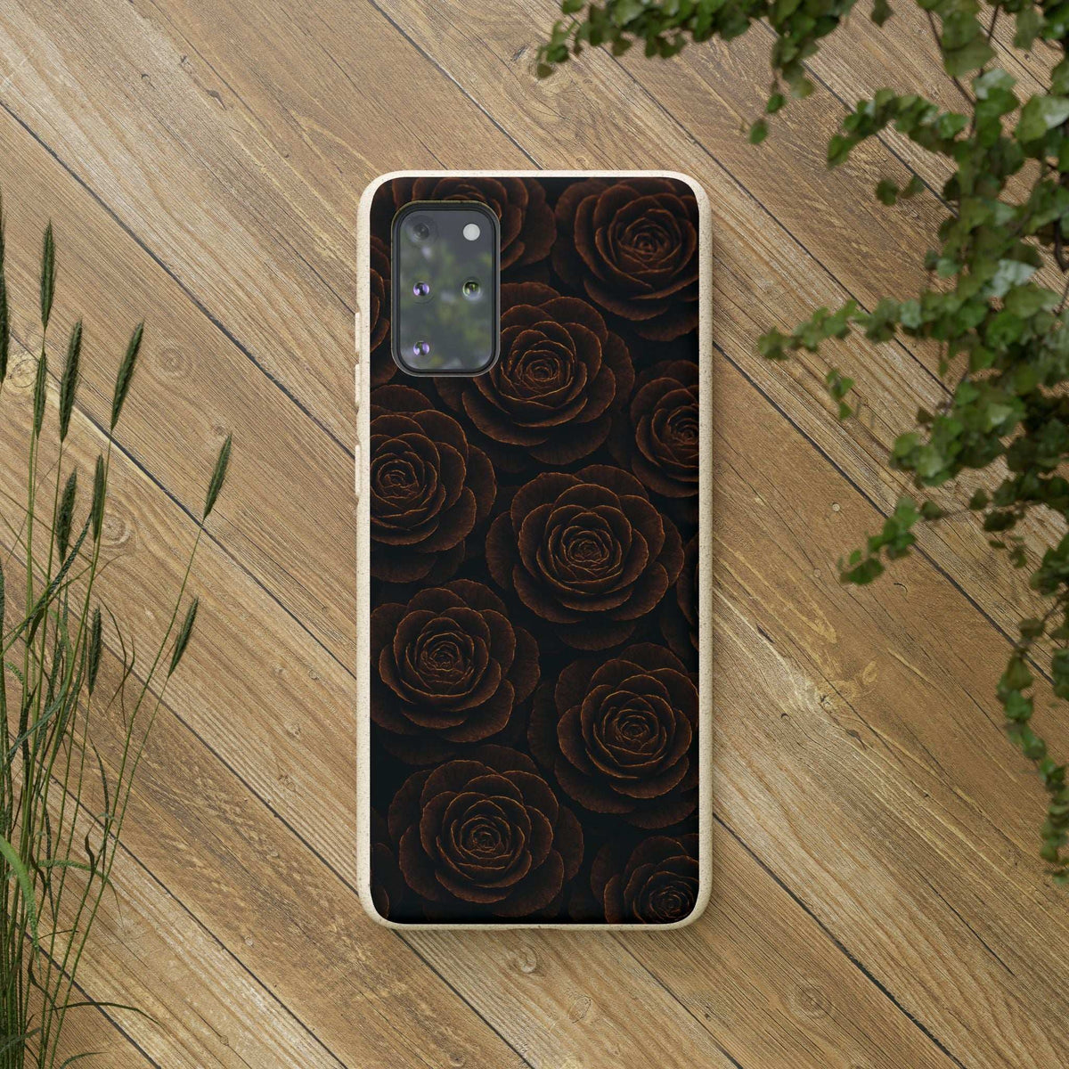 Wooden phone case with dark rose pattern and light wood border frame