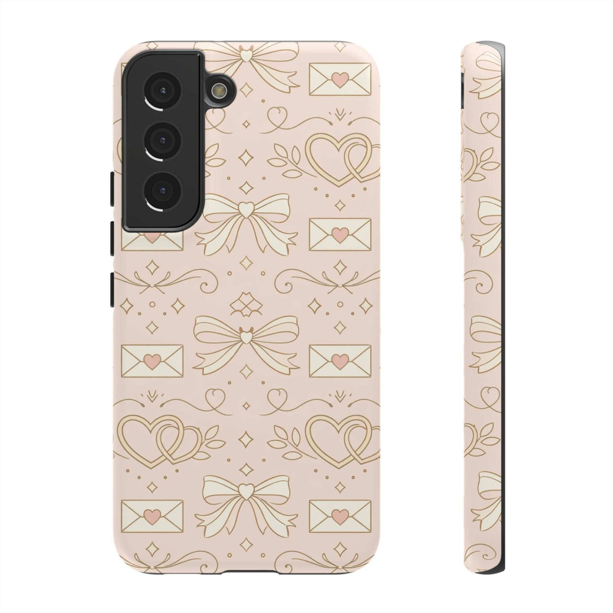 Blush pink tough phone case with hearts and bows; back camera cutouts with side view.
