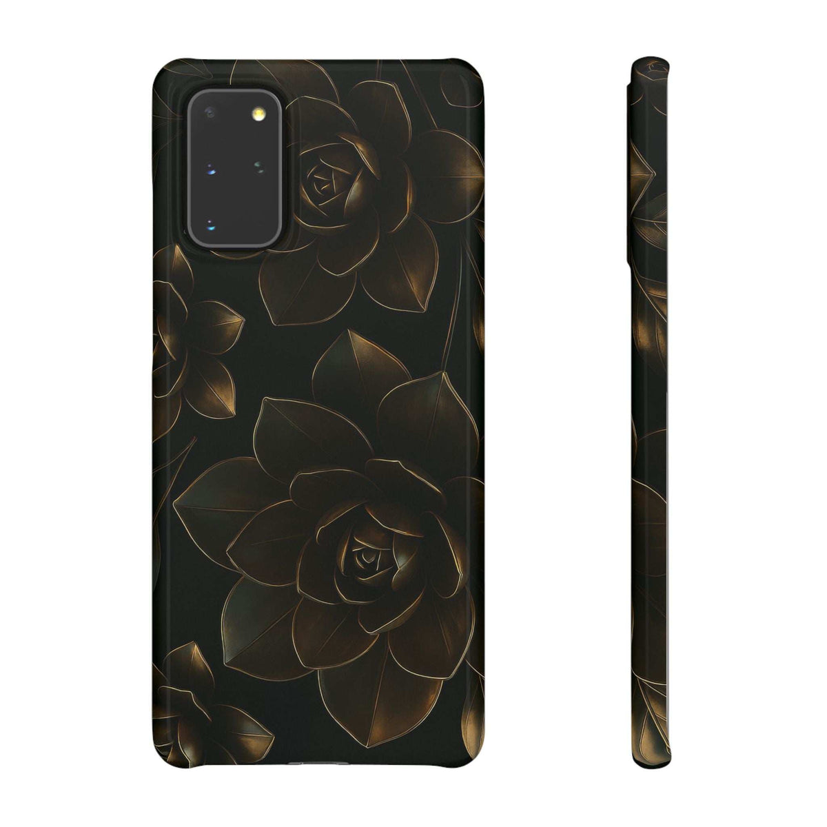 Glossy black phone case with gold rose and leaf metal-flower pattern and side profile view.