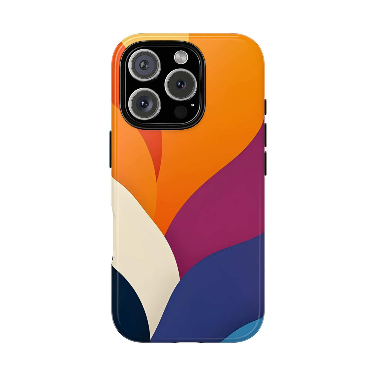 Abstract geometric phone case with orange, purple, blue, and white pattern; camera module