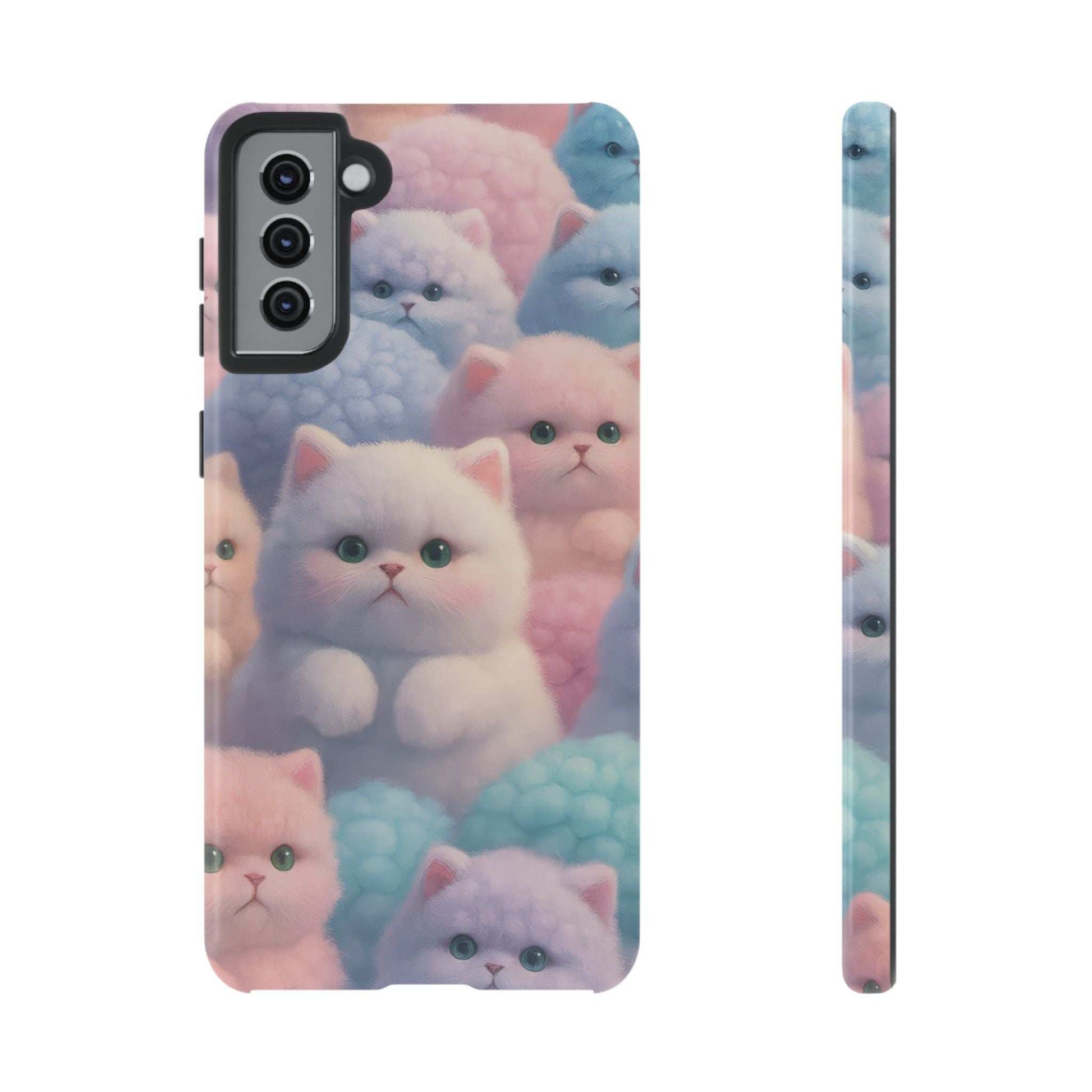 Glossy phone case with pastel cats and blue tones, side profile with button cutouts