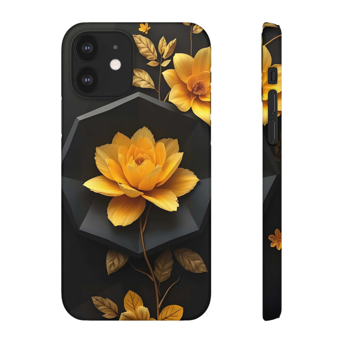 Black floral phone case with centered yellow rose and surrounding leaves, side view