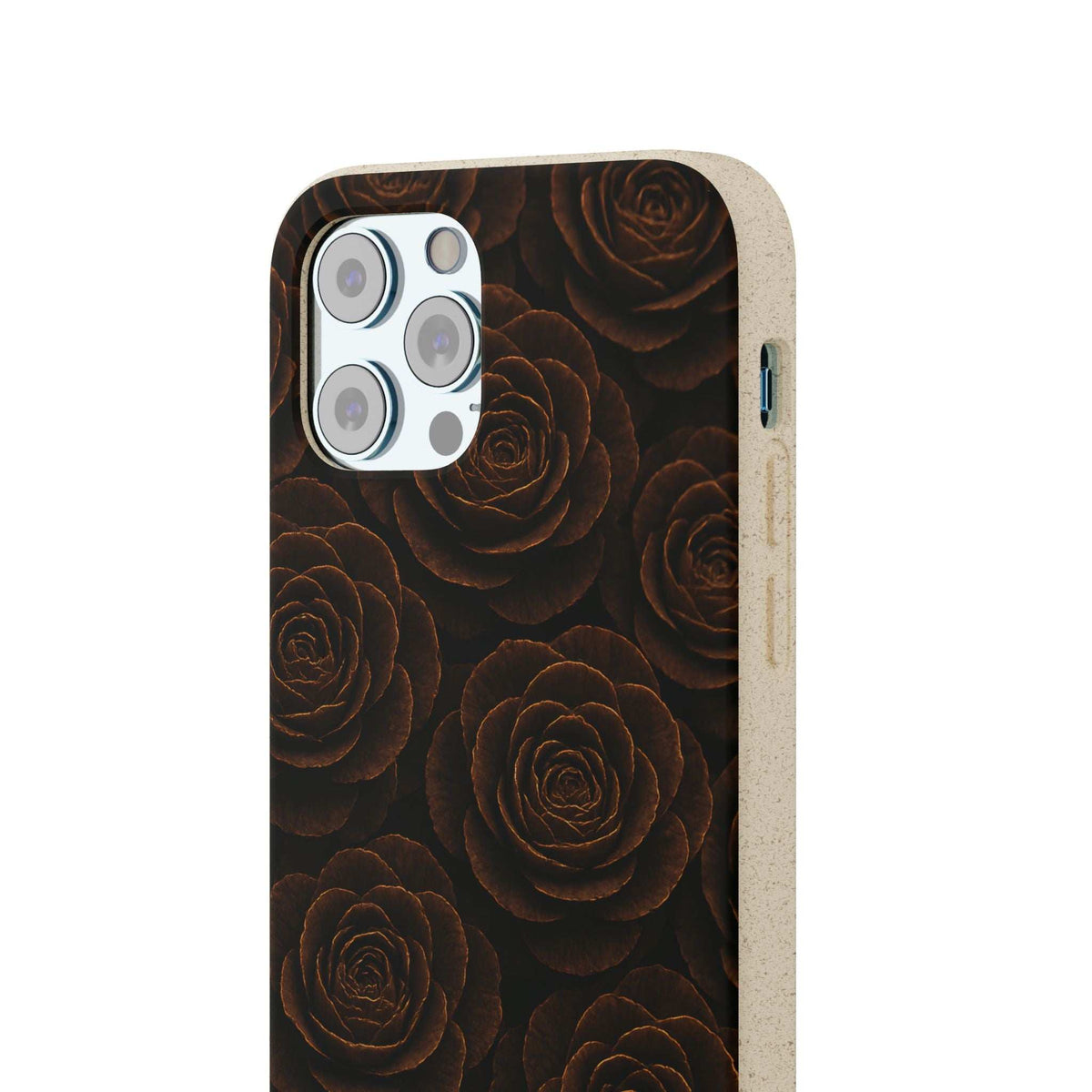 Wooden roses phone case, close-up back with dark rose floral pattern and camera cutouts