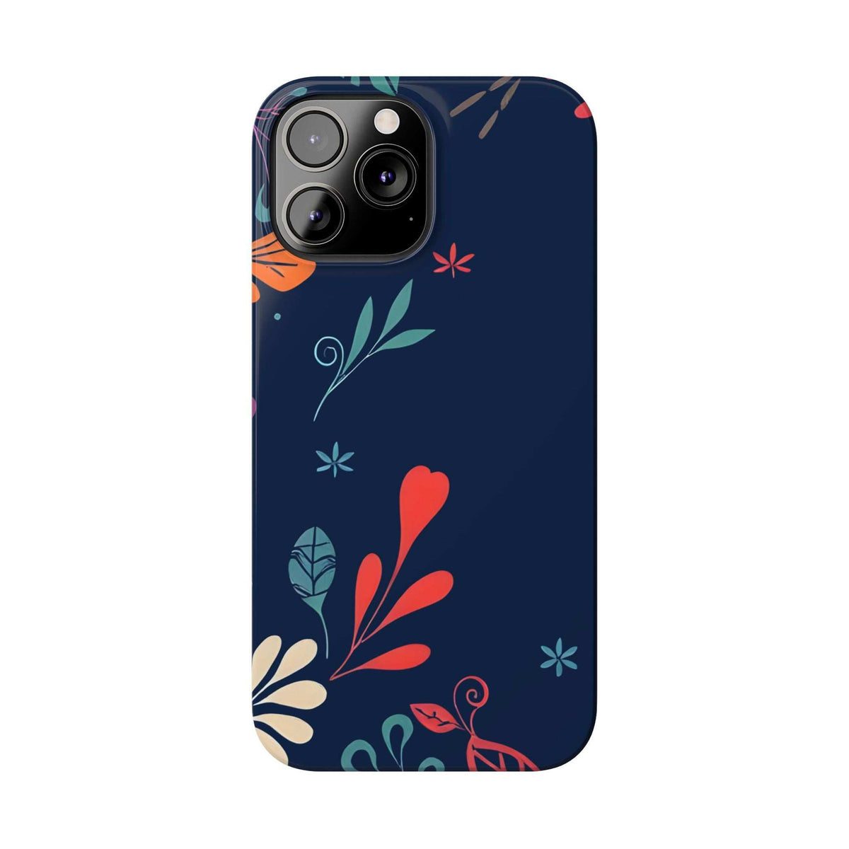 Dark navy floral phone case with orange flower, red heart, and teal sprigs