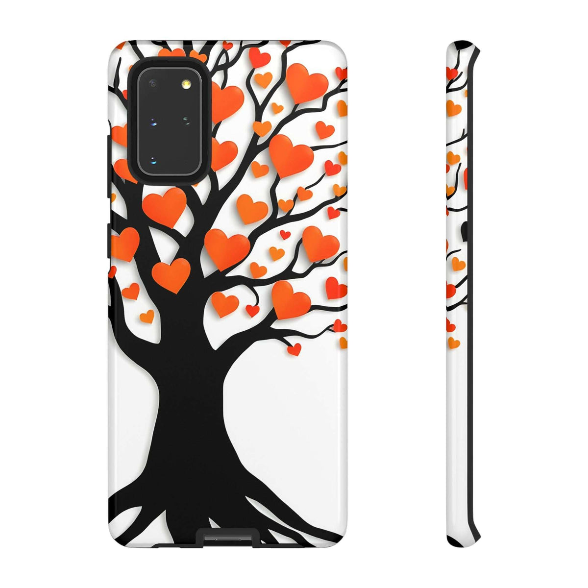 Phone case with heart tree pattern in black, orange, and red hearts on a white base