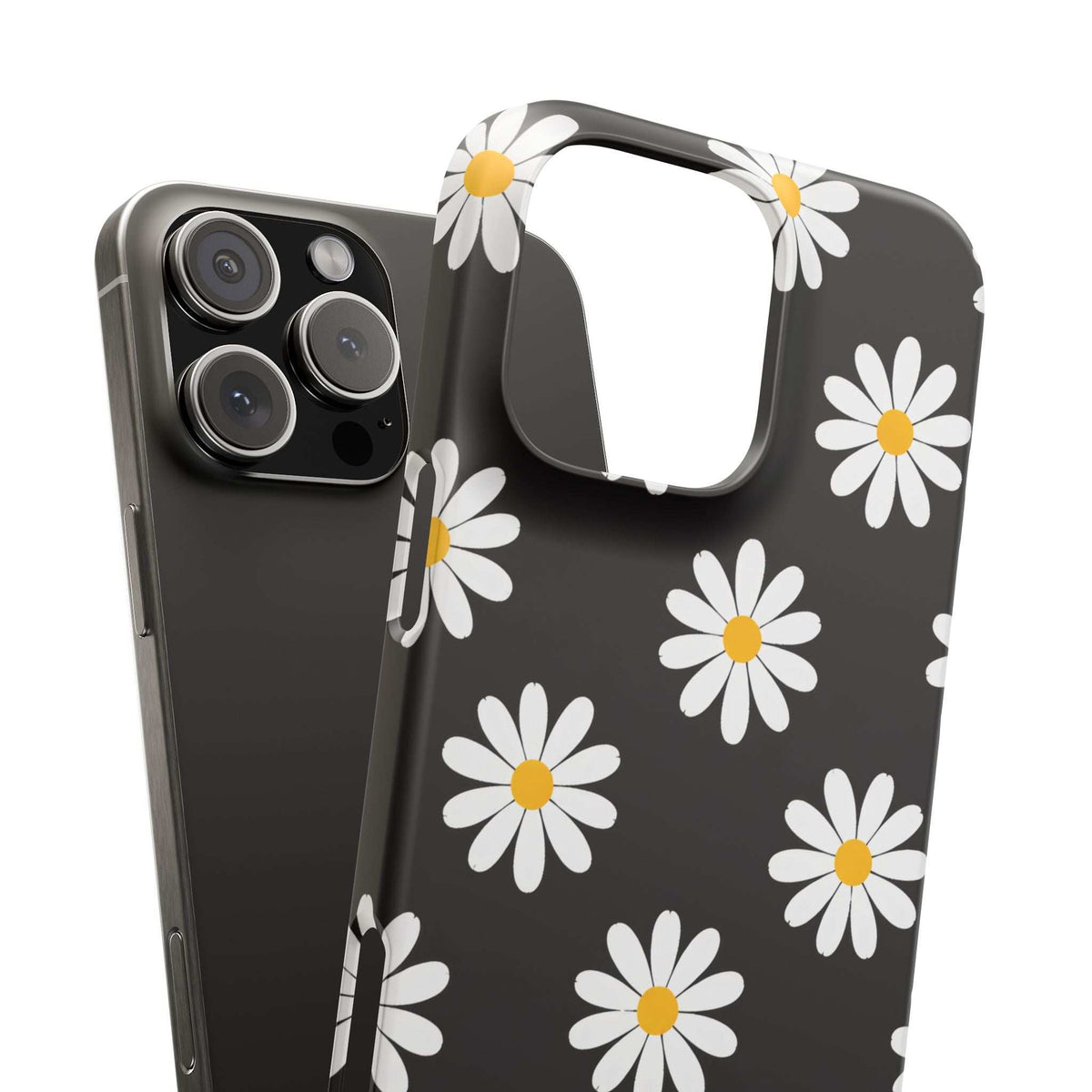 Daisy charm phone case with black back, white daisy print, yellow centers, camera cutout.