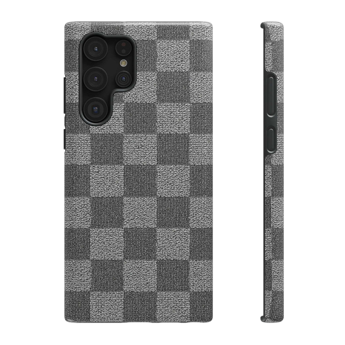 Gray checkered phone case front view with cutouts and raised camera cover