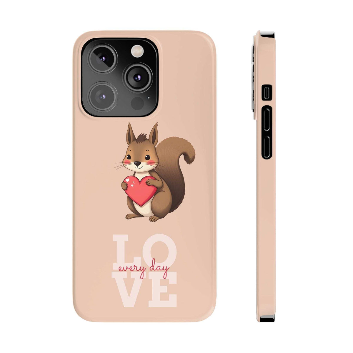 Light pink phone case with squirrel holding a red heart and LOVE text near the bottom