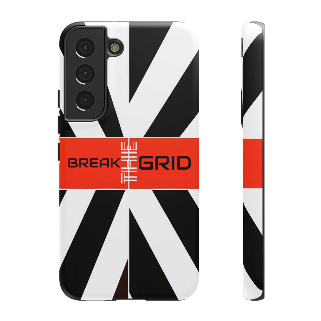 Phone case with black-and-white geometric stripes and red "Break Grid" band, front.