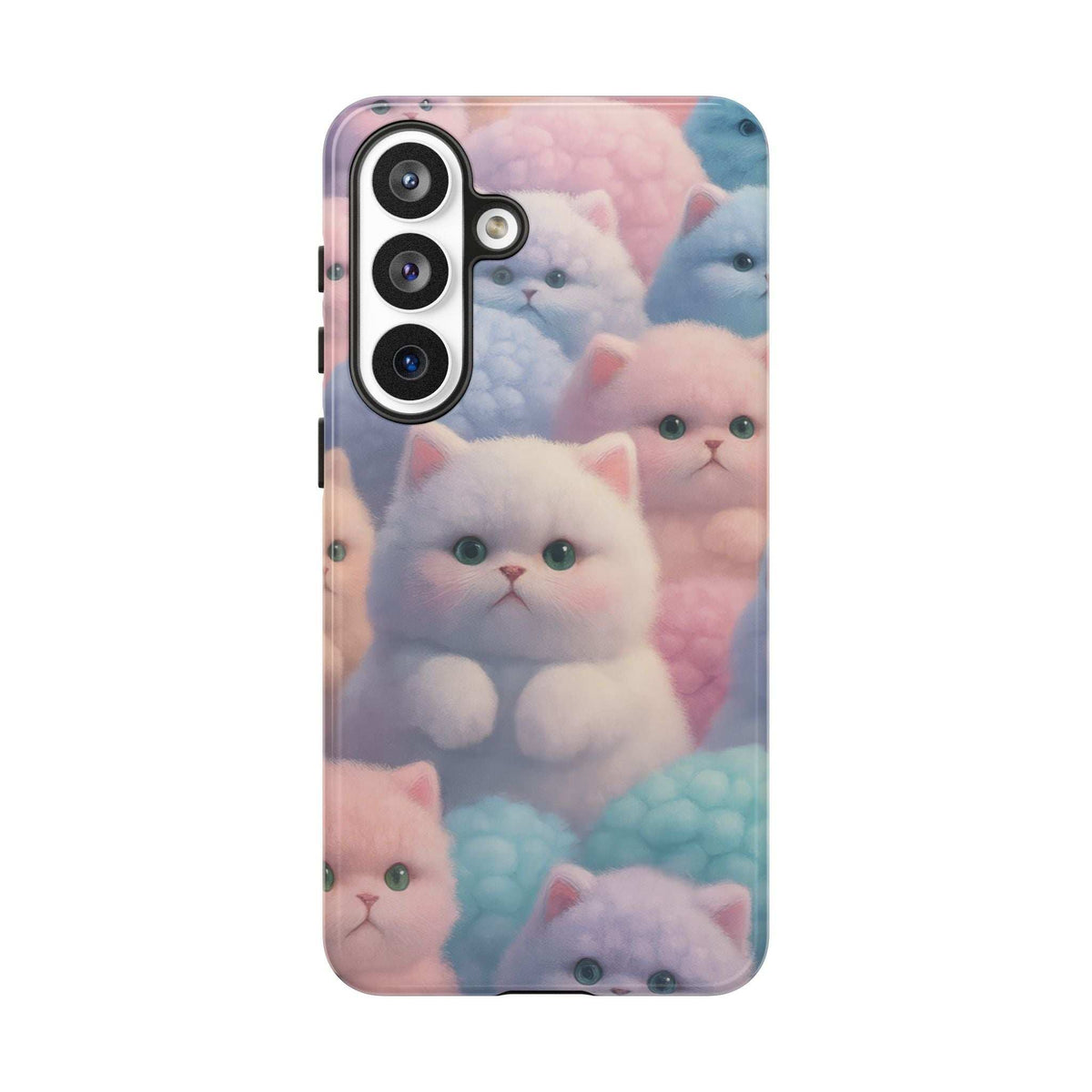 Glossy pastel kitten phone case with triple camera cutout and repeating cat faces