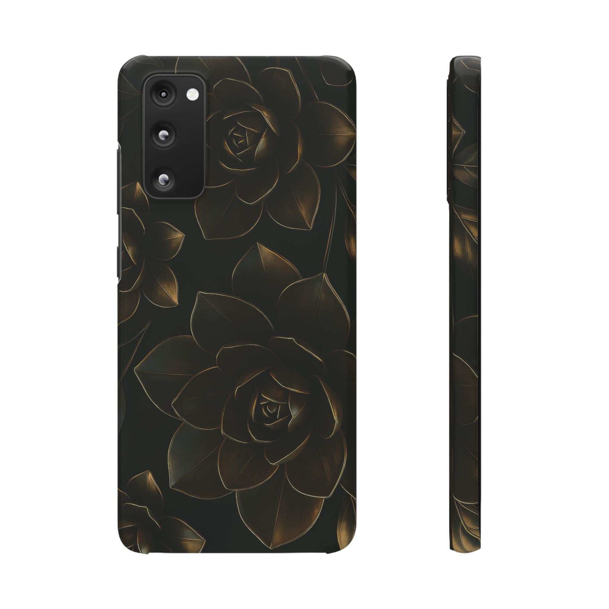Glossy black phone case with gold rose and leaf line art; side edge shown.