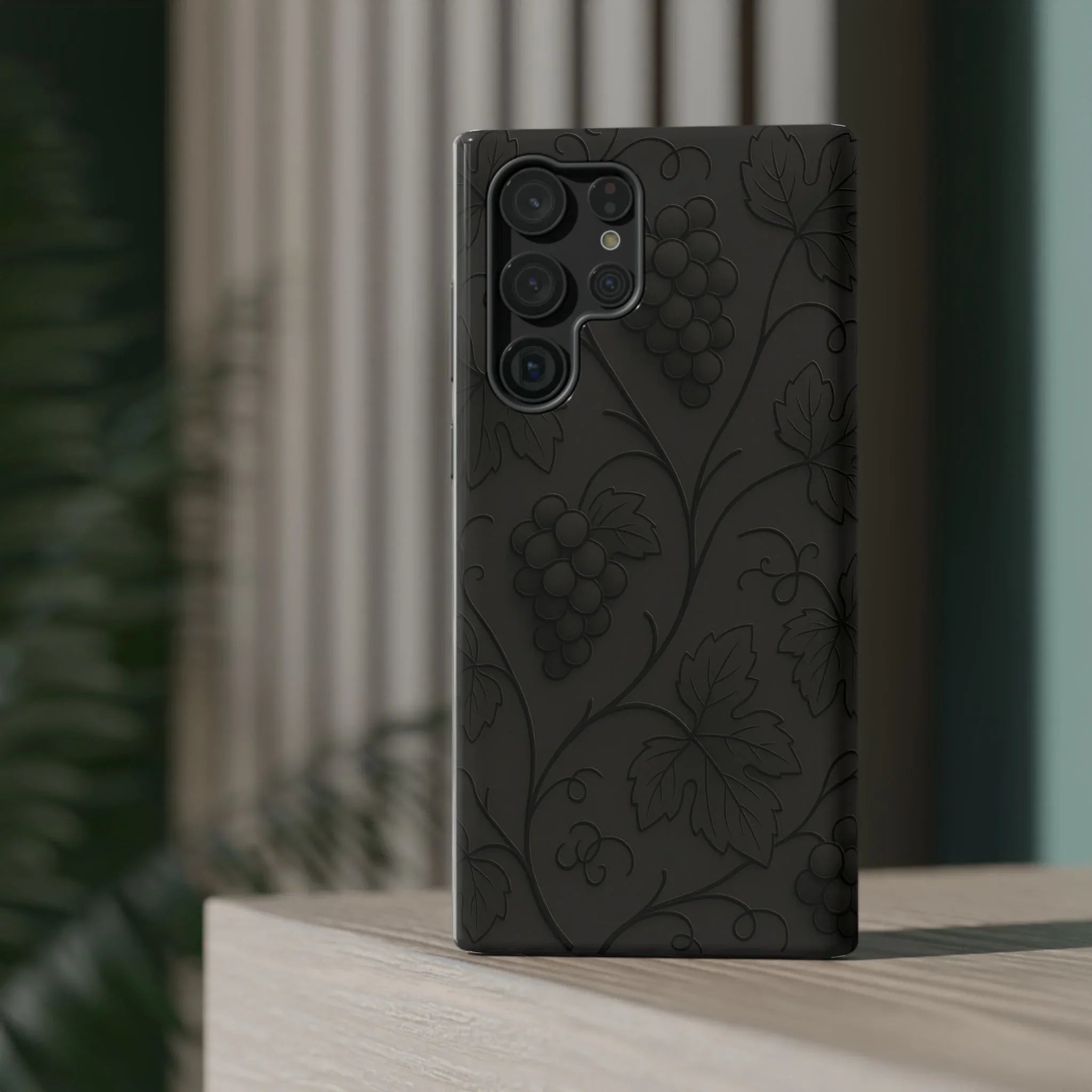 Elegant Embossed Grape Leaf Black Phone Case for iPhone and Galaxy - KARARMDESIGN
