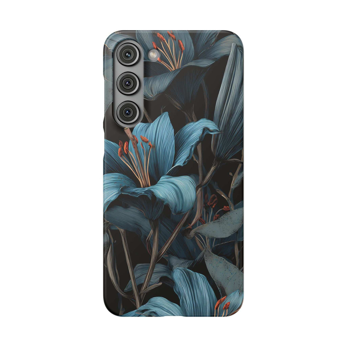 Phone case with blue botanical floral pattern, three camera cutouts, blue-and-black foliage print