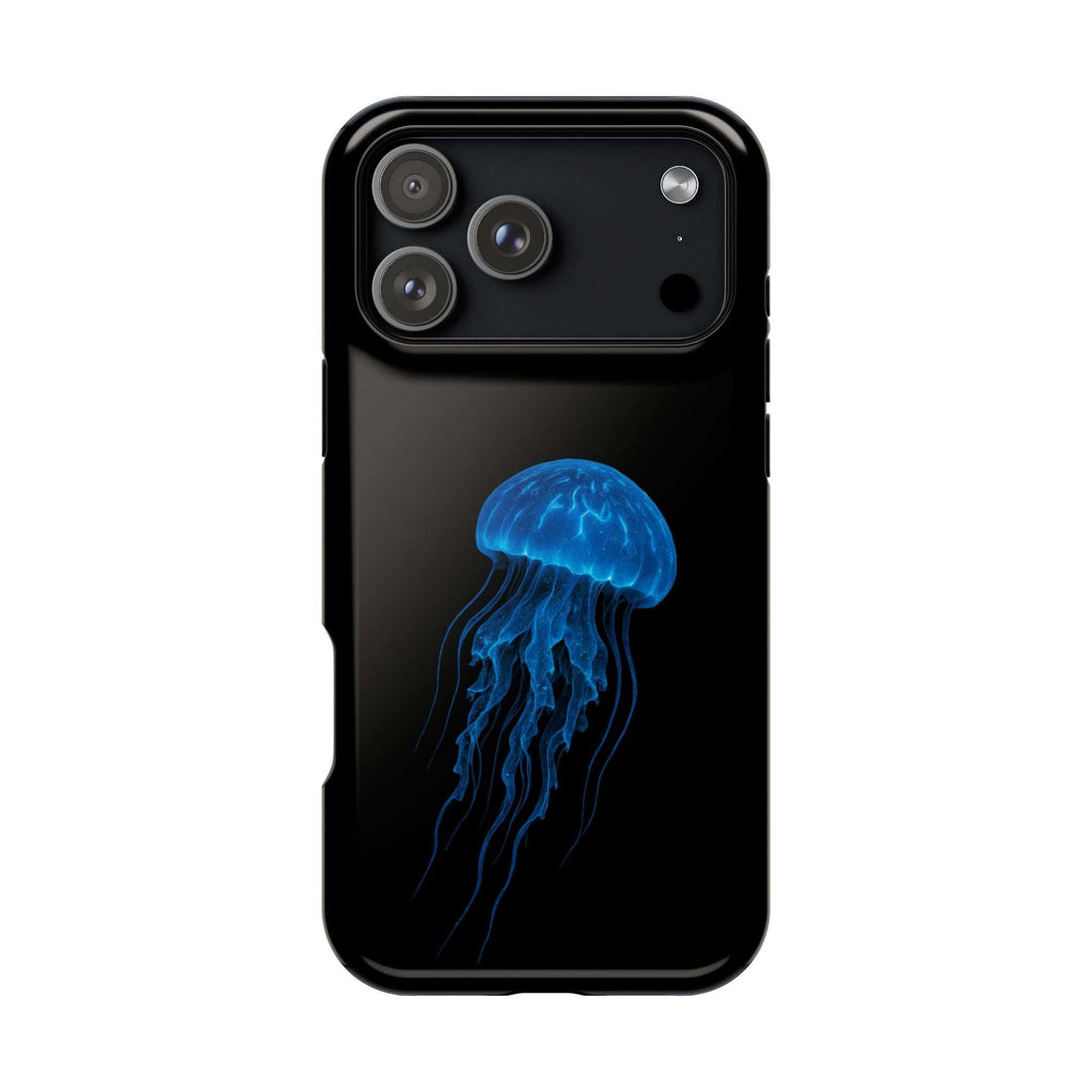 Black phone case with centered blue jellyfish graphic, camera cutouts on back