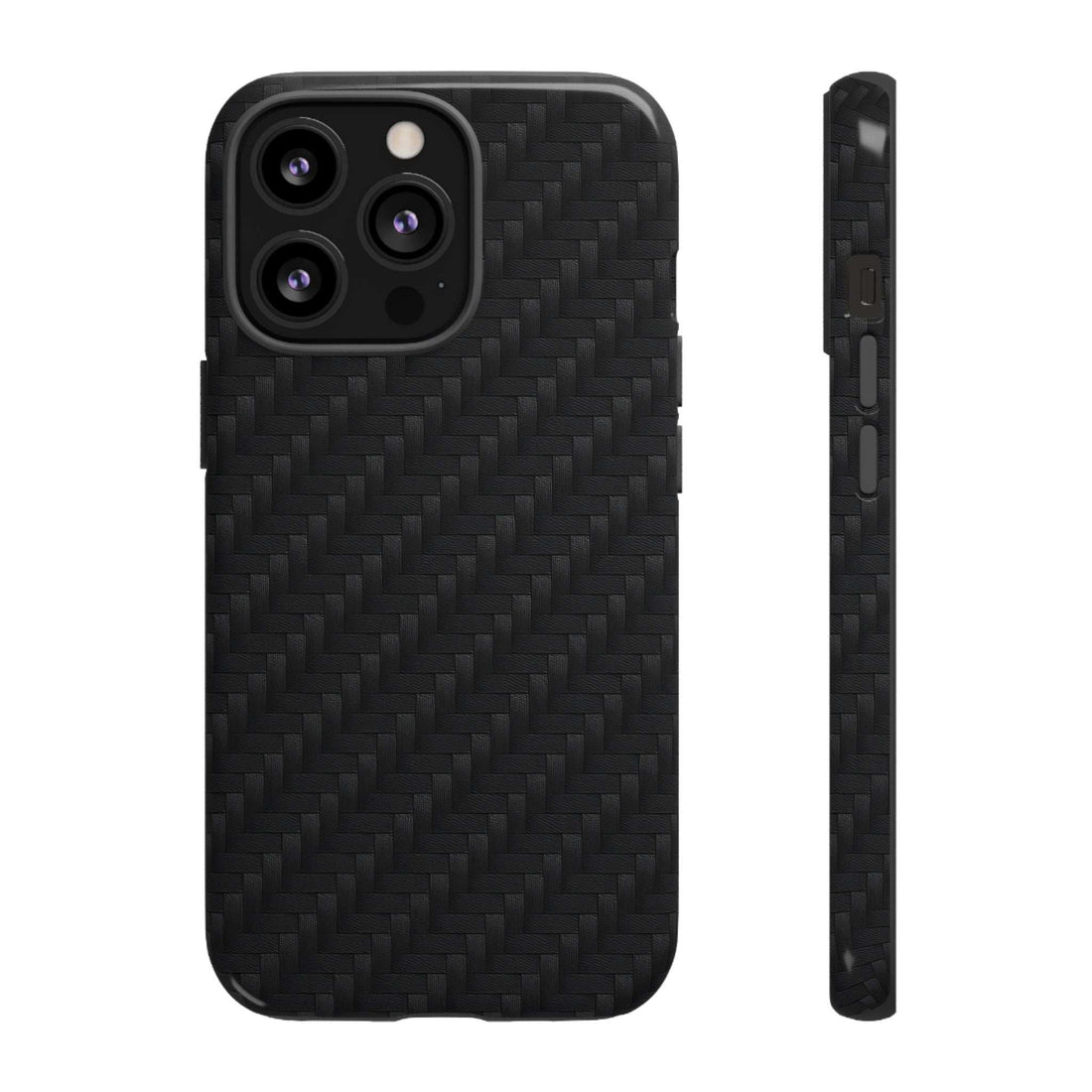 Glossy black carbon phone case with camera cutouts for a phone back panel.