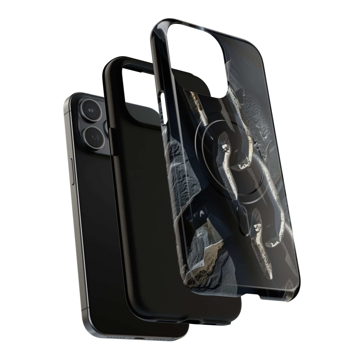 Magnetic phone case with iron chain pattern, dark finish, camera area openings visible
