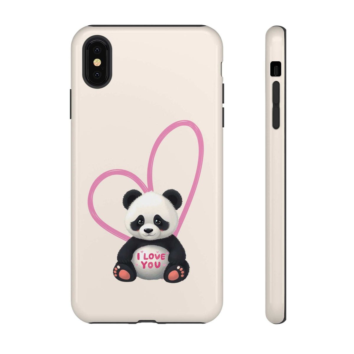 Beige phone case featuring a panda in a pink heart with “I LOVE YOU” text; back view