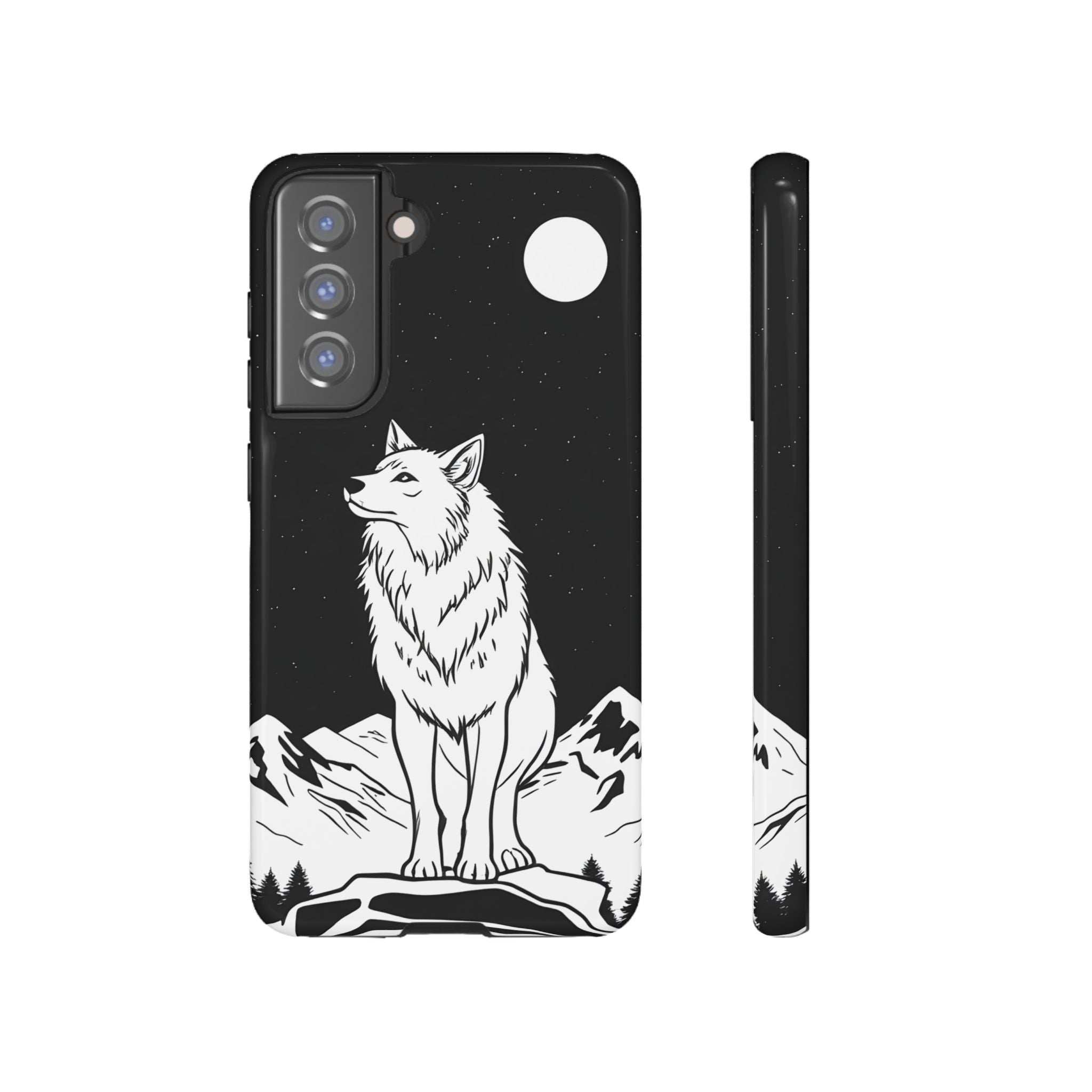 Black phone case with white wolf illustration, moon, and camera cutouts.