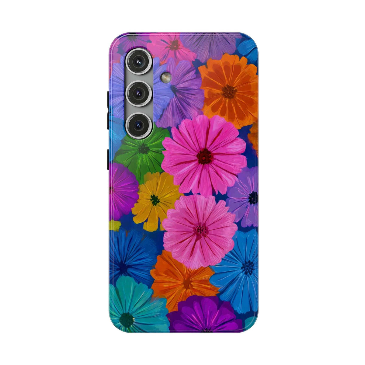 Vivid flower-pattern phone case with camera cutouts on the back and side openings.