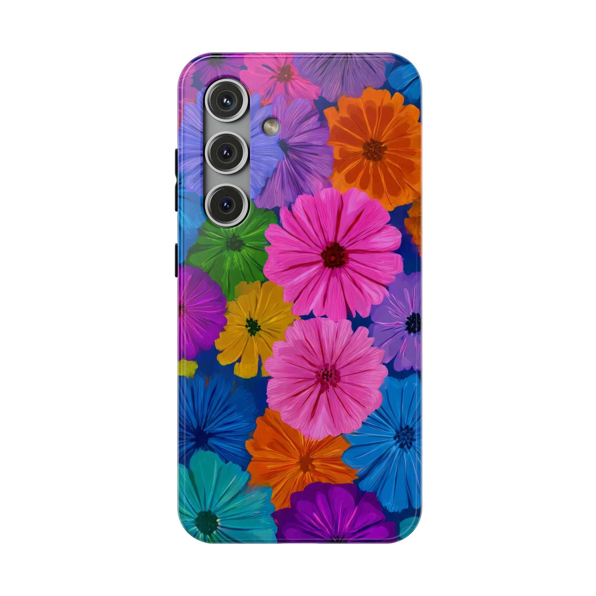 Vivid flower-pattern phone case with camera cutouts on the back and side openings.