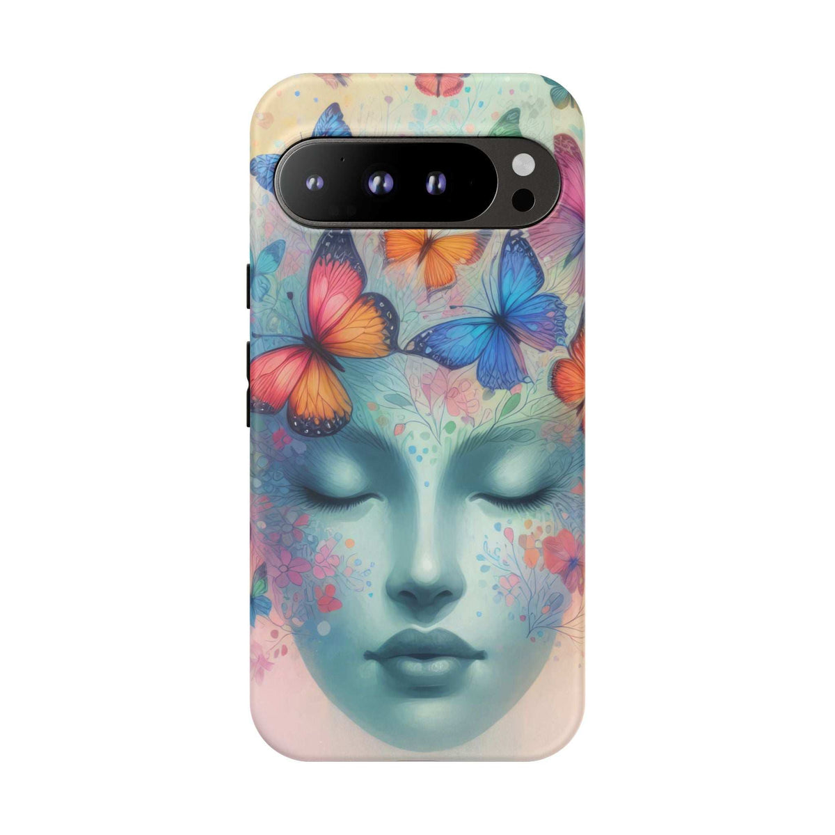 Butterfly floral face phone case with colorful butterflies and dark rear camera cutout