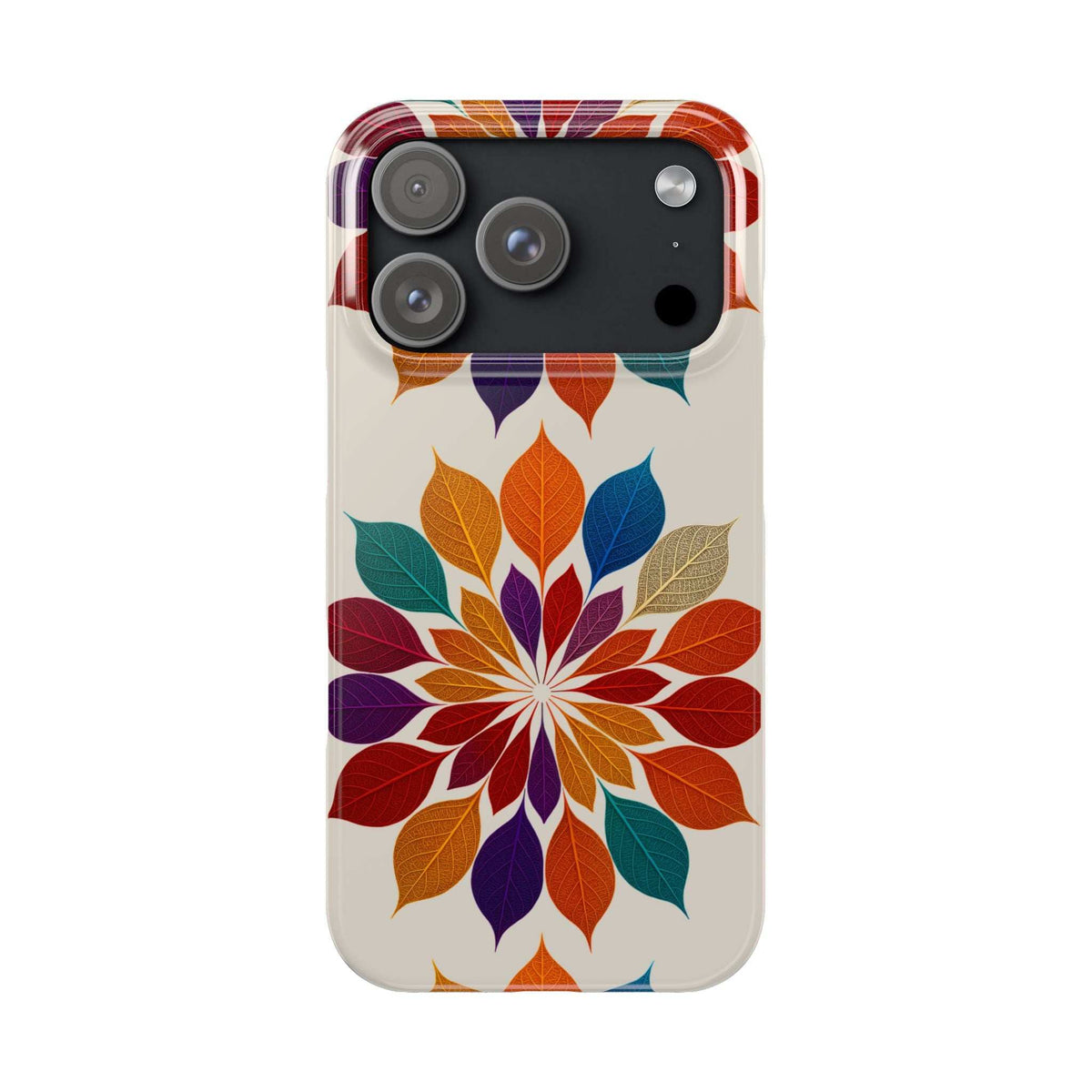 Leaf mandala phone case with colorful leaf artwork and camera lenses visible through cutouts