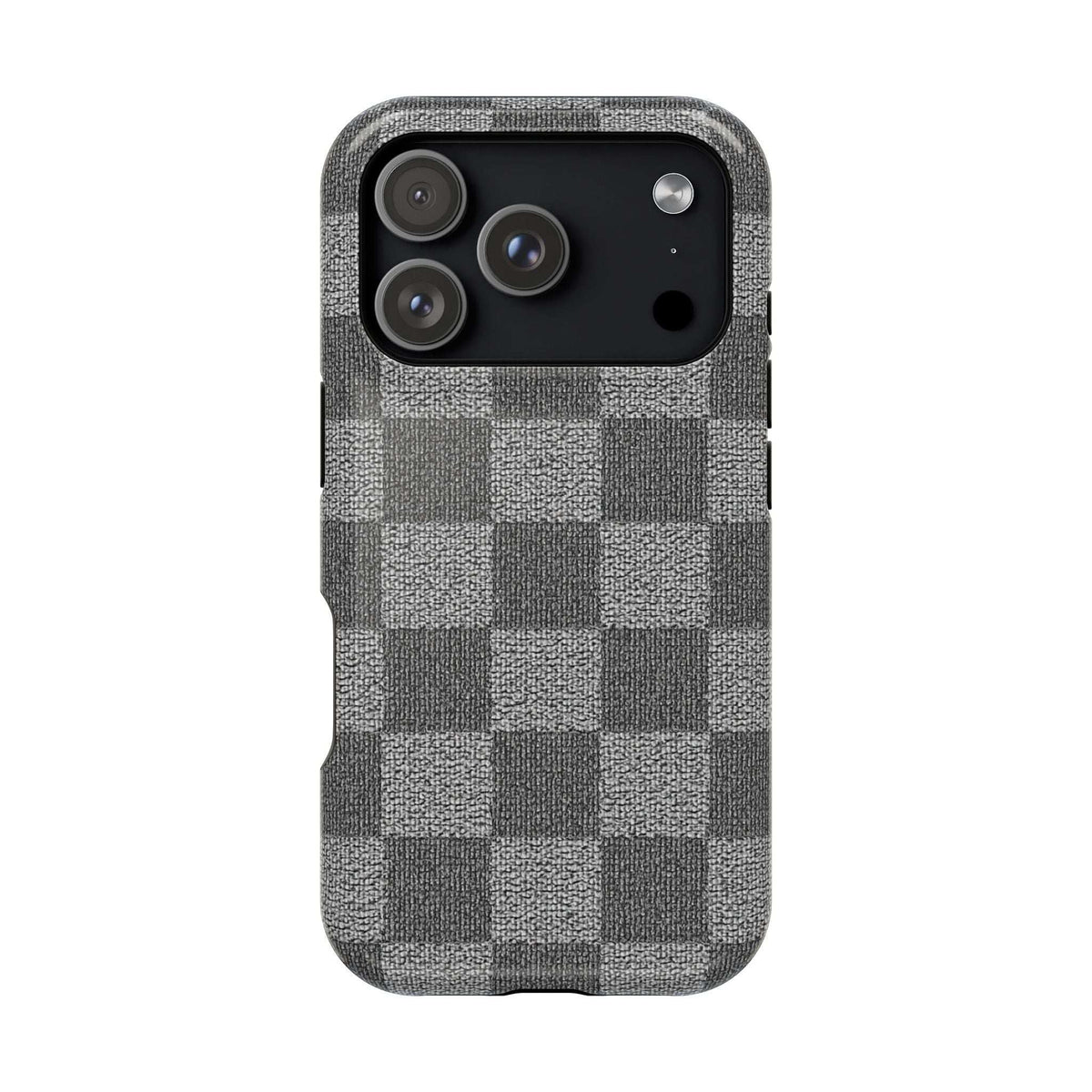 Gray checkered phone case with triple-camera cutout on a dark top panel