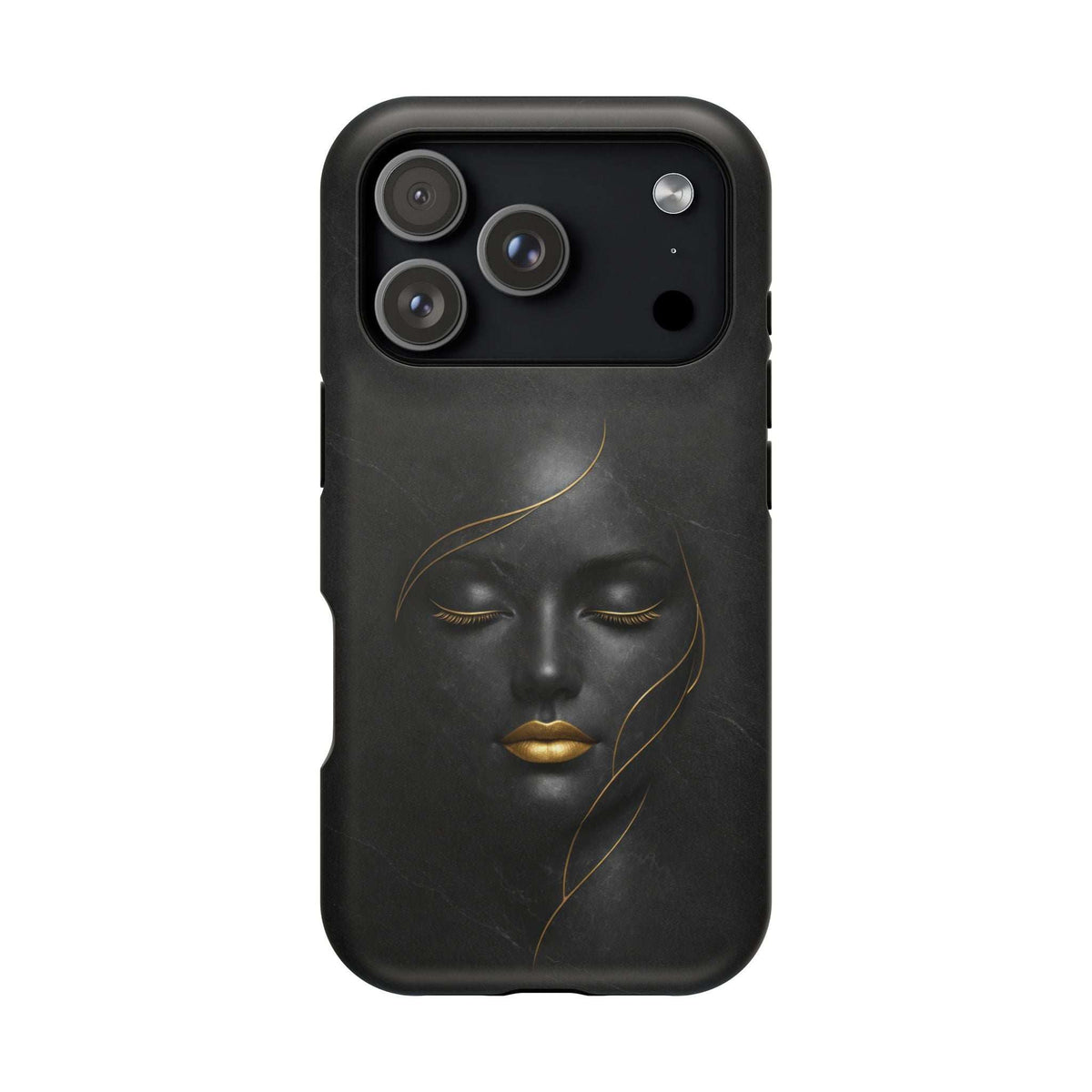 Black smartphone case with gold face illustration and camera cutouts on top