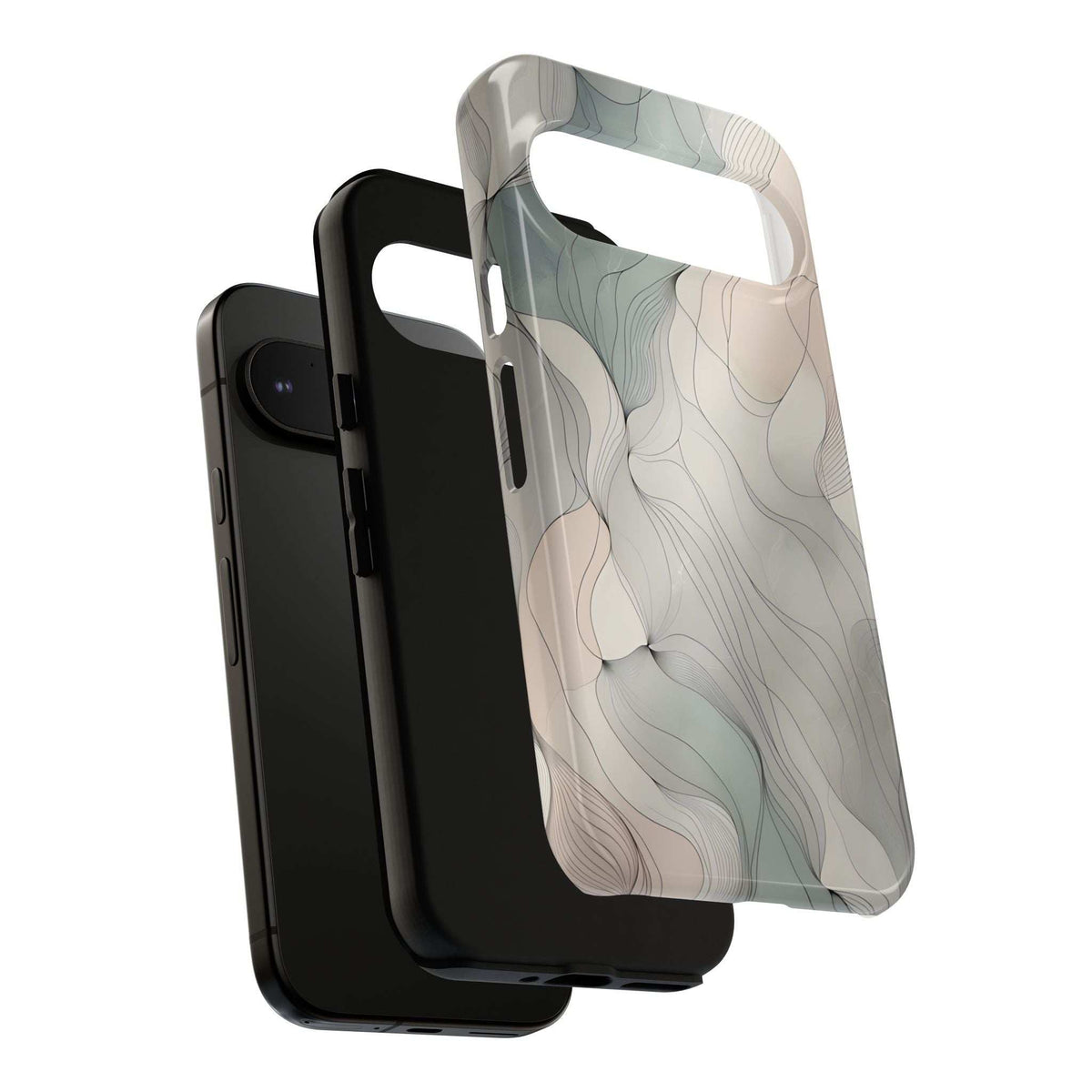 Pastel wave phone case with light blue, cream, and rose wavy lines and clear edges