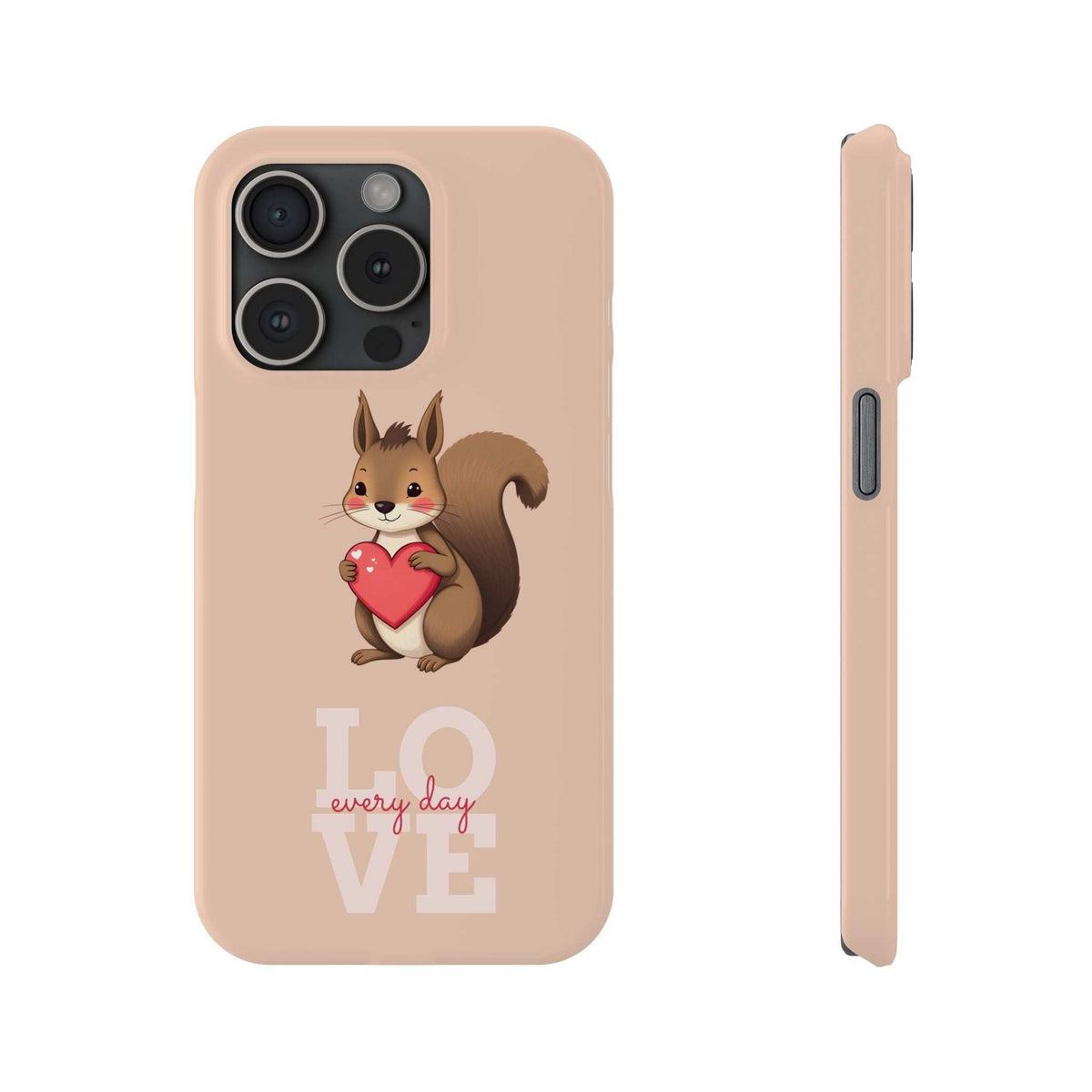 Light pink phone case with cartoon squirrel holding a red heart and LOVE graphic, side view