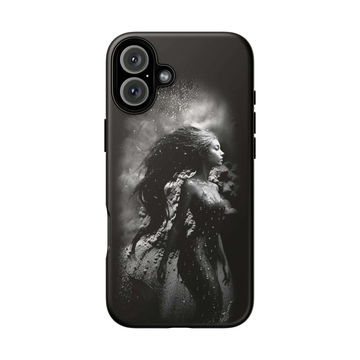 Black phone case back with grayscale mermaid holding hair, camera openings.