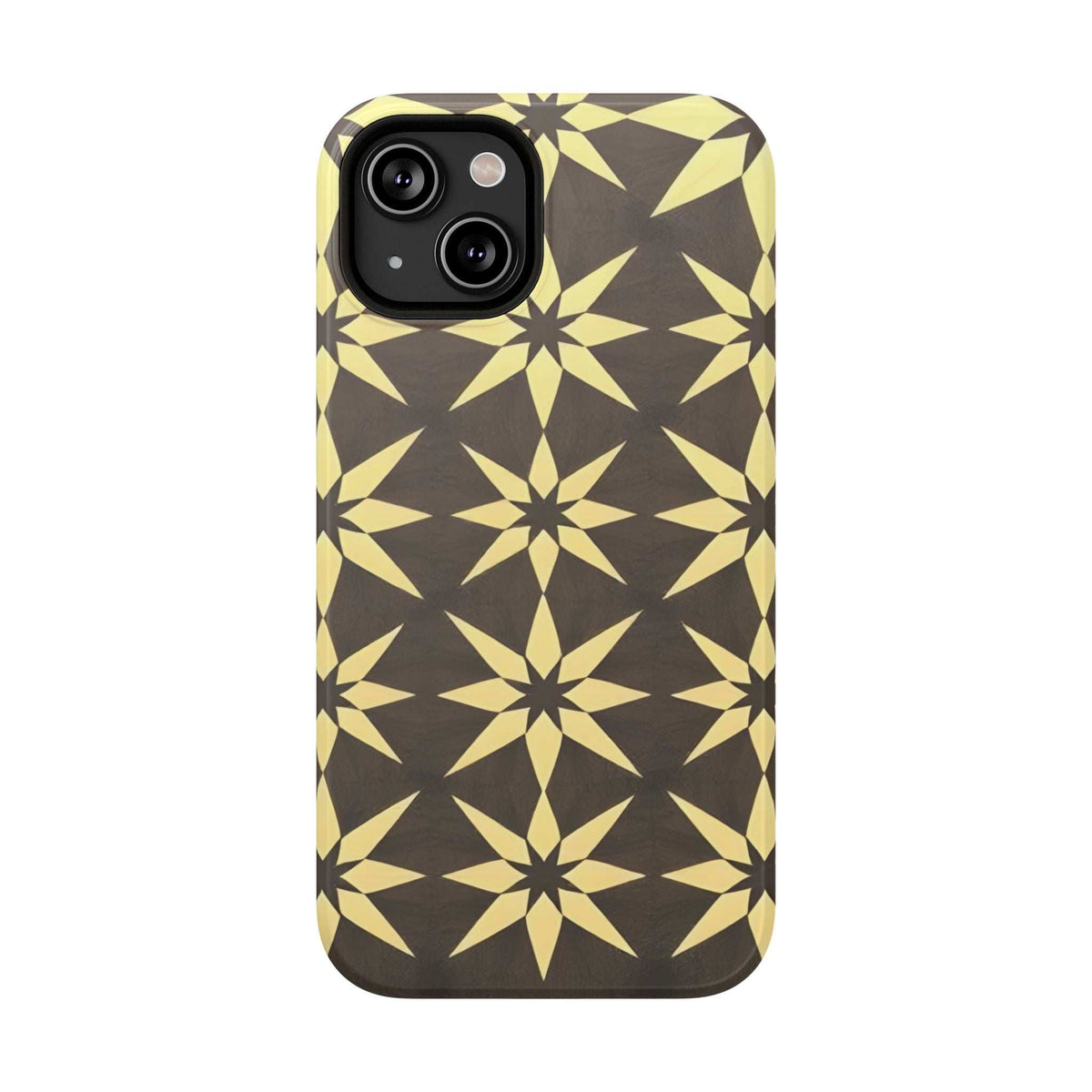 Black and gold star geometric phone case with dual camera and flash