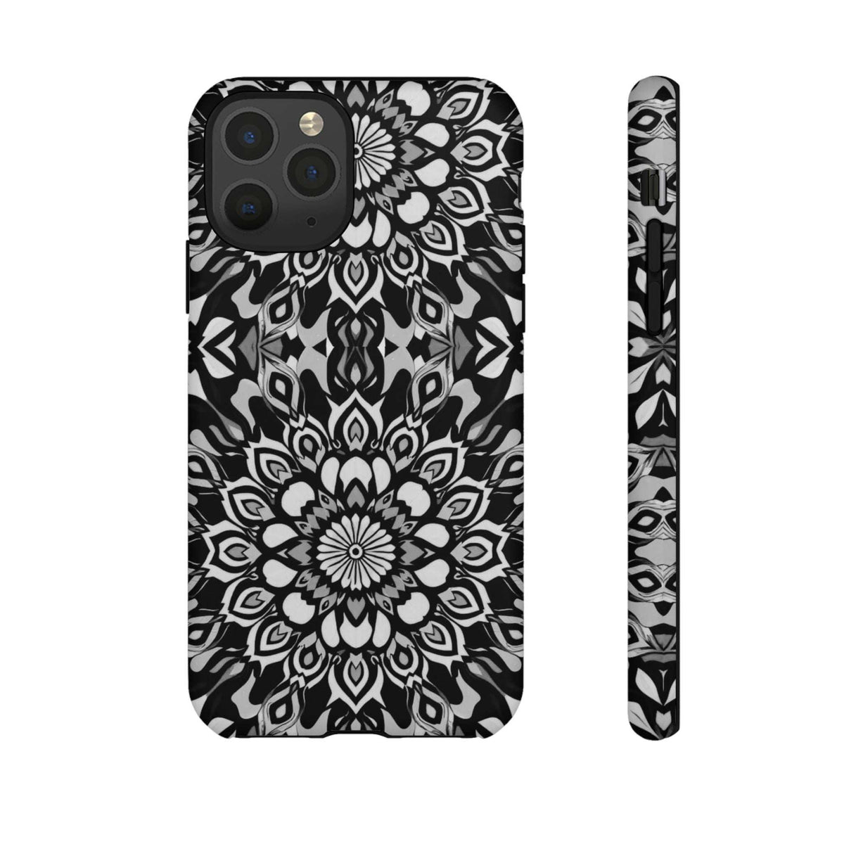 Mandala phone case with black-and-white symmetrical flower pattern and camera lens cutouts