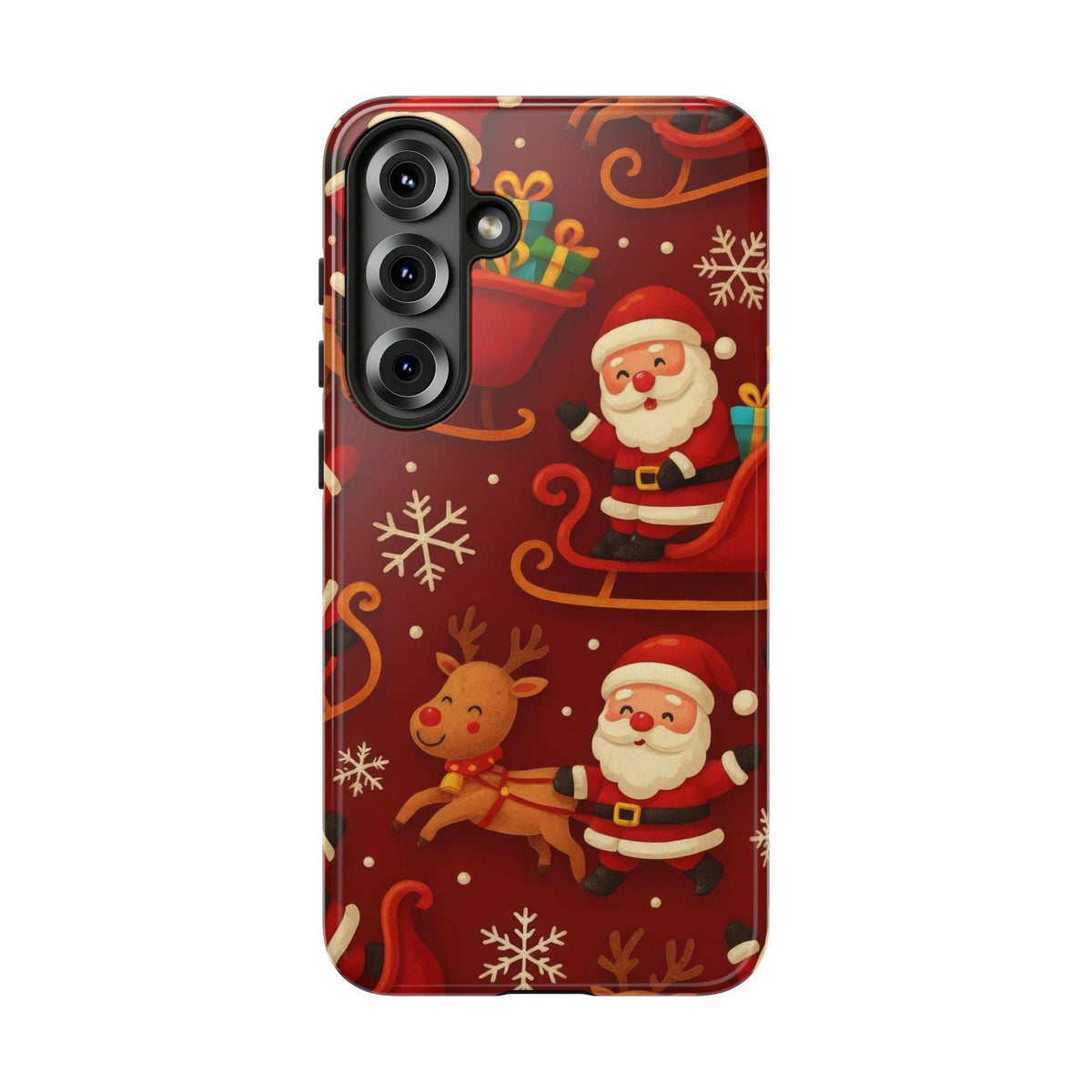 Glossy Santa and reindeer sleigh pattern phone case, side buttons and camera lenses