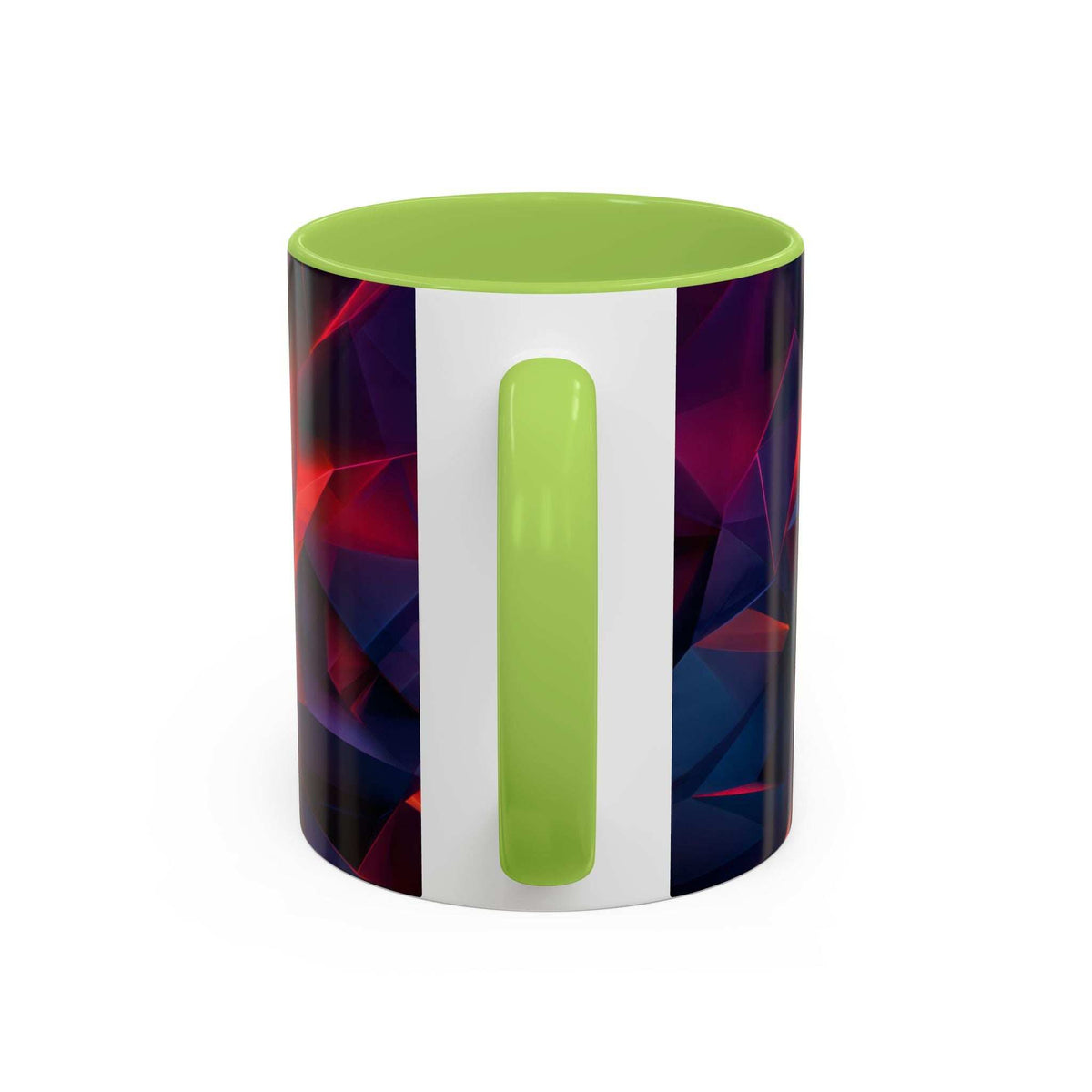 Ceramic mug with lime green accents, abstract red and blue geometric pattern with vertical bar.