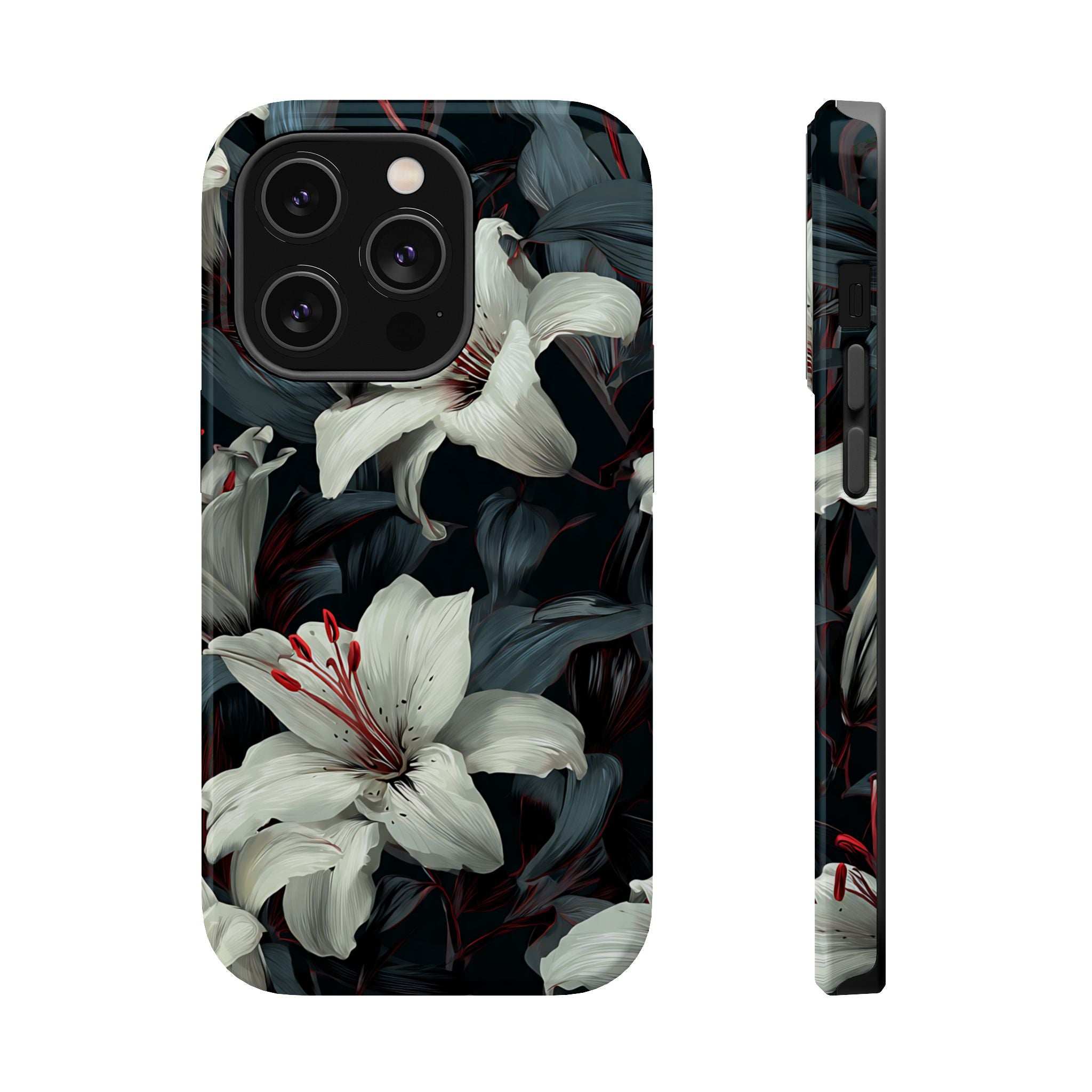Phone case with white lily flowers and red speckles on dark foliage, raised camera lenses