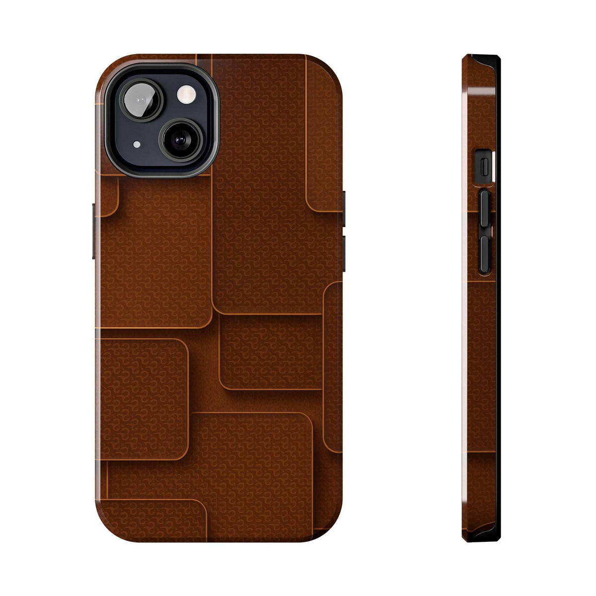 Brown textured phone case with camera cutout and long side button and port openings.