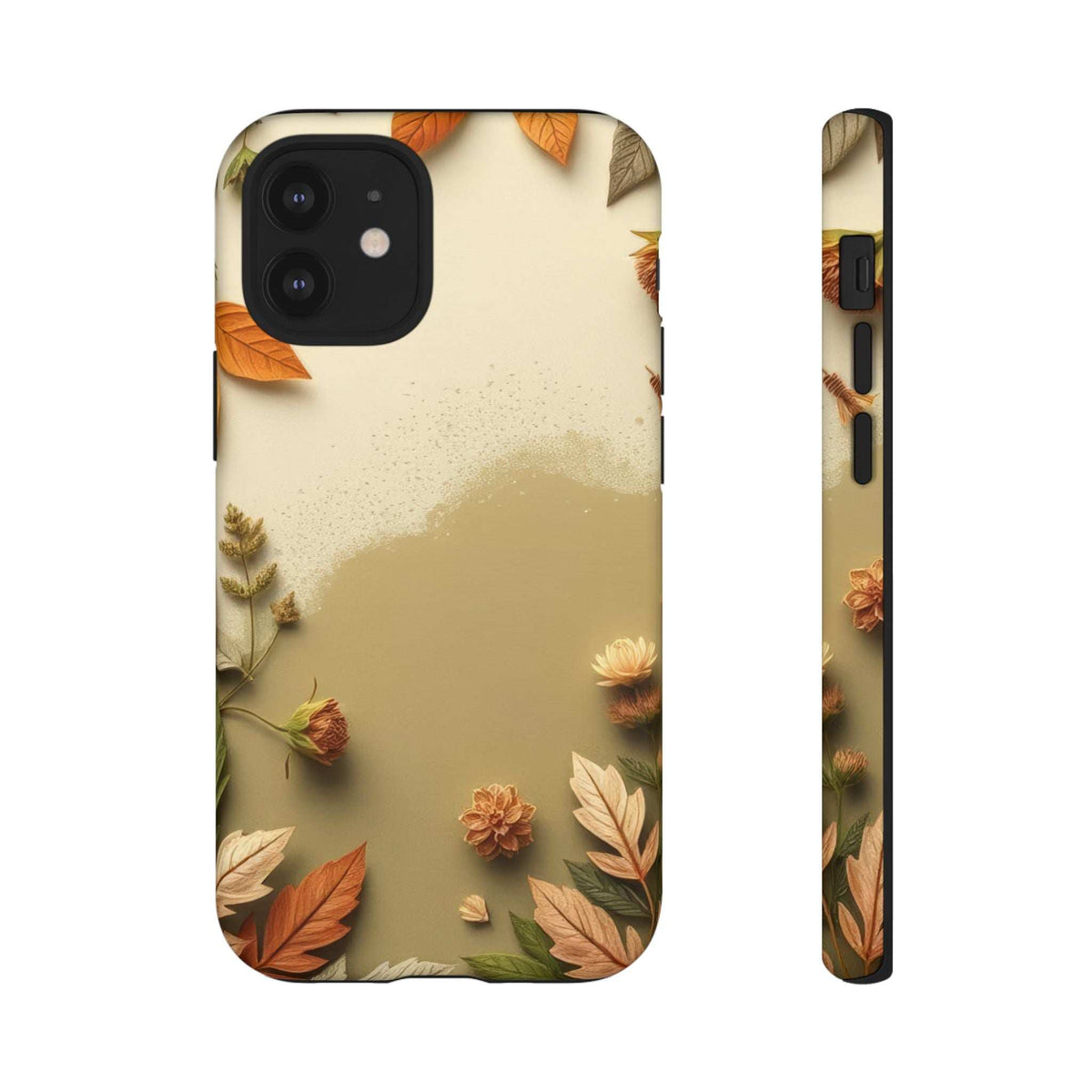 Beige autumn leaves phone case with leaf and flower graphic on front, side shows profile.