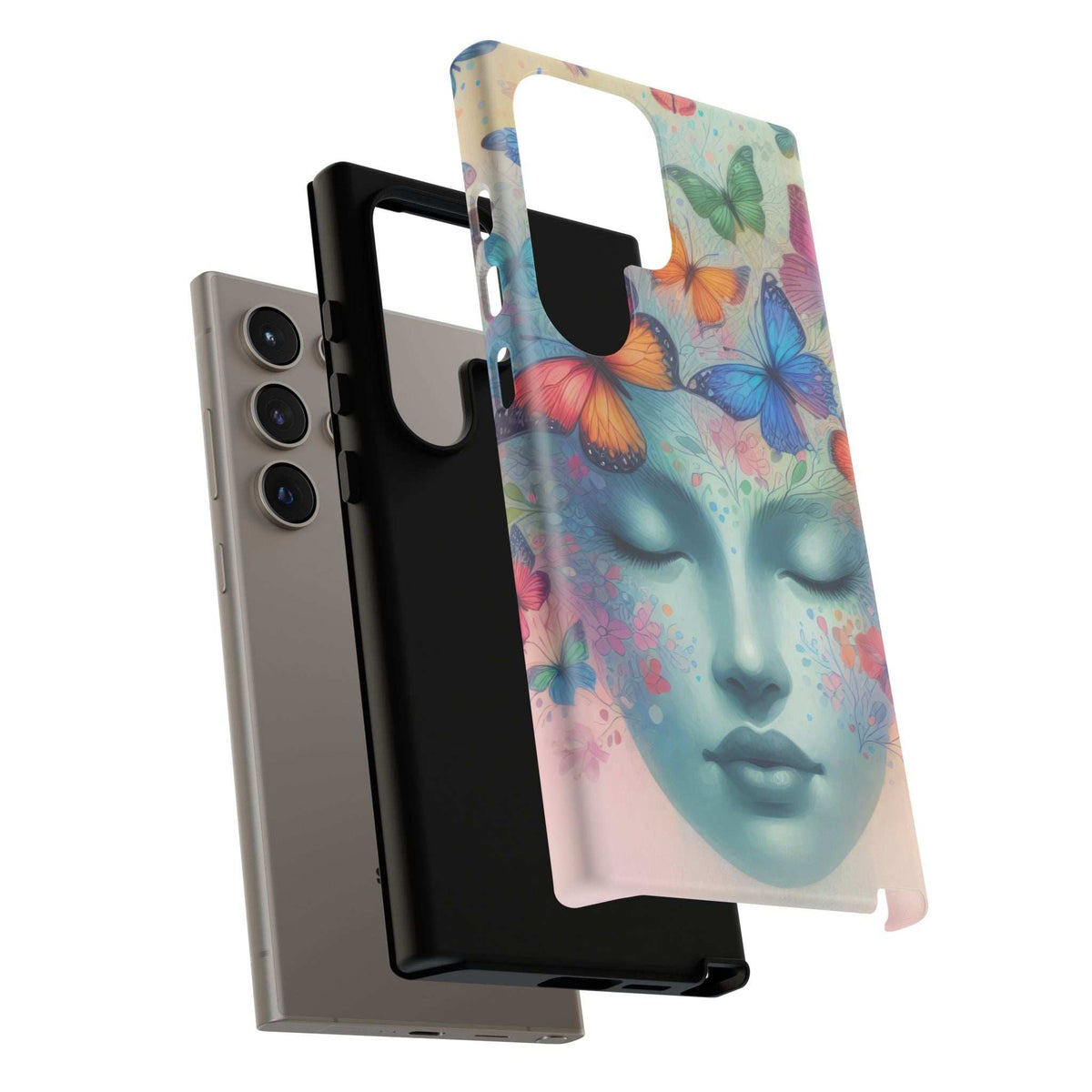 Phone case featuring a teal face and colorful butterflies, shown stacked with another phone behind.