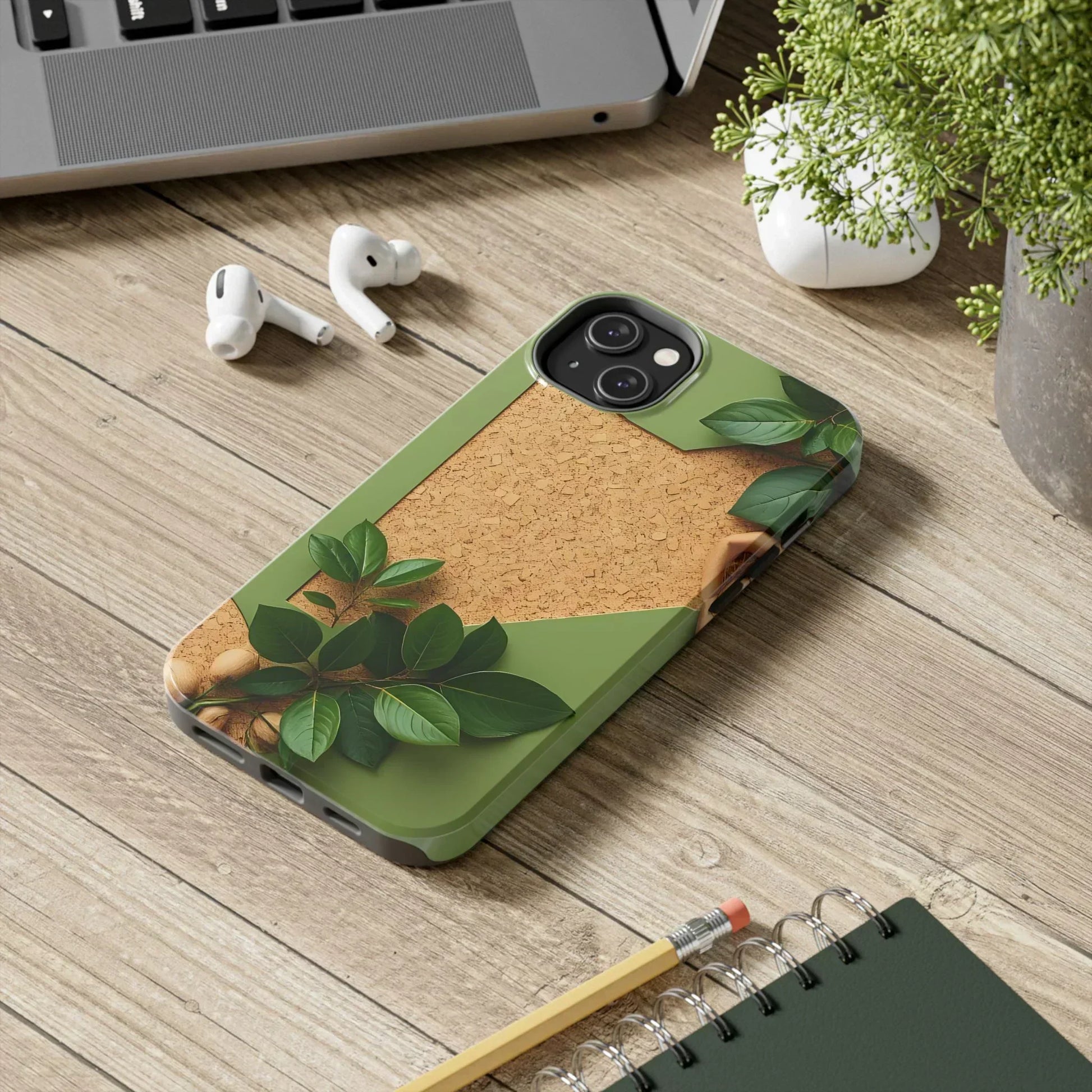Eco-Inspired Tough Phone Case – Cork Texture with Leaf & Seed Design for iPhone 7-16 and Samsung Galaxy S21-S24 - KarArmDesign
